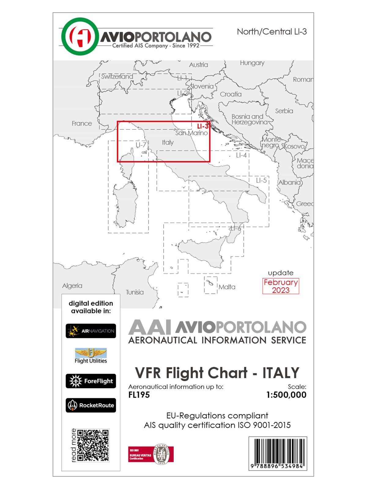 Italy LI-3 - AvioPortolano VFR Chart, Paper, laminated, folded, 2024