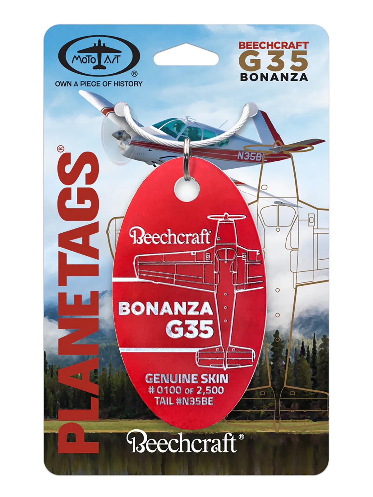 PlaneTags Key Fob - Beechcraft Bonanza G35 (N35BE), red