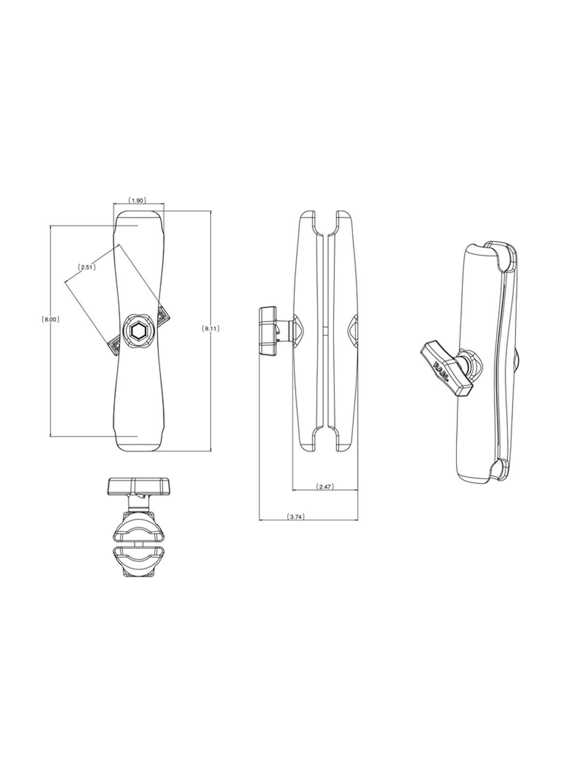 RAM MOUNTS DOUBLE SOCKET ARM for C-BALLS (1.5") - 9.06" long