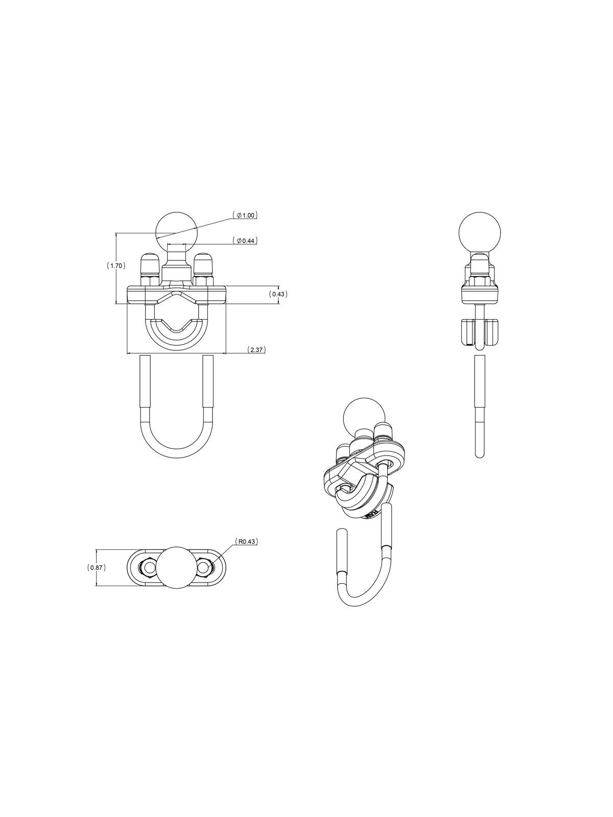 RAM Mounts Schraub-Klemmeschelle - B-Kugel (1 Zoll), für Durchmesser 12,7 - 31,8 mm, U-Bügel verzinkt