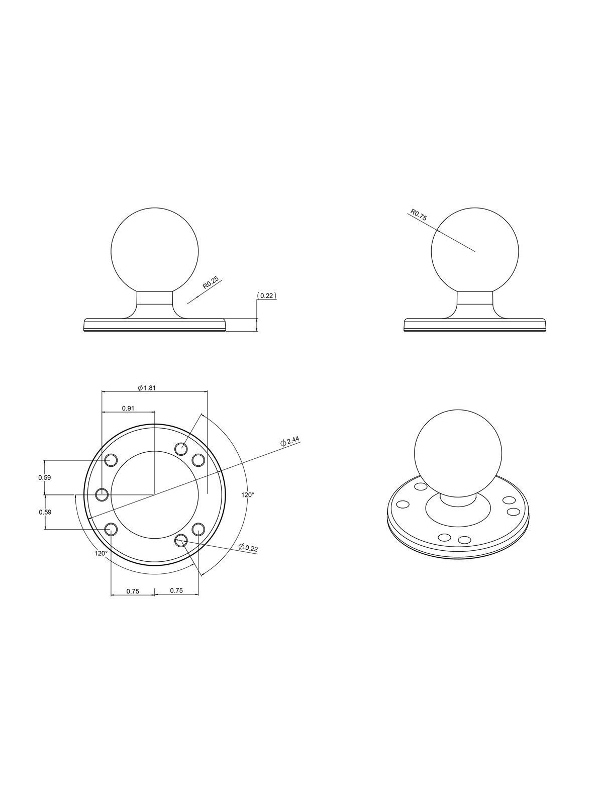 RAM MOUNTS Base Plate with 1.5" C-Ball - AMPS Hole Pattern