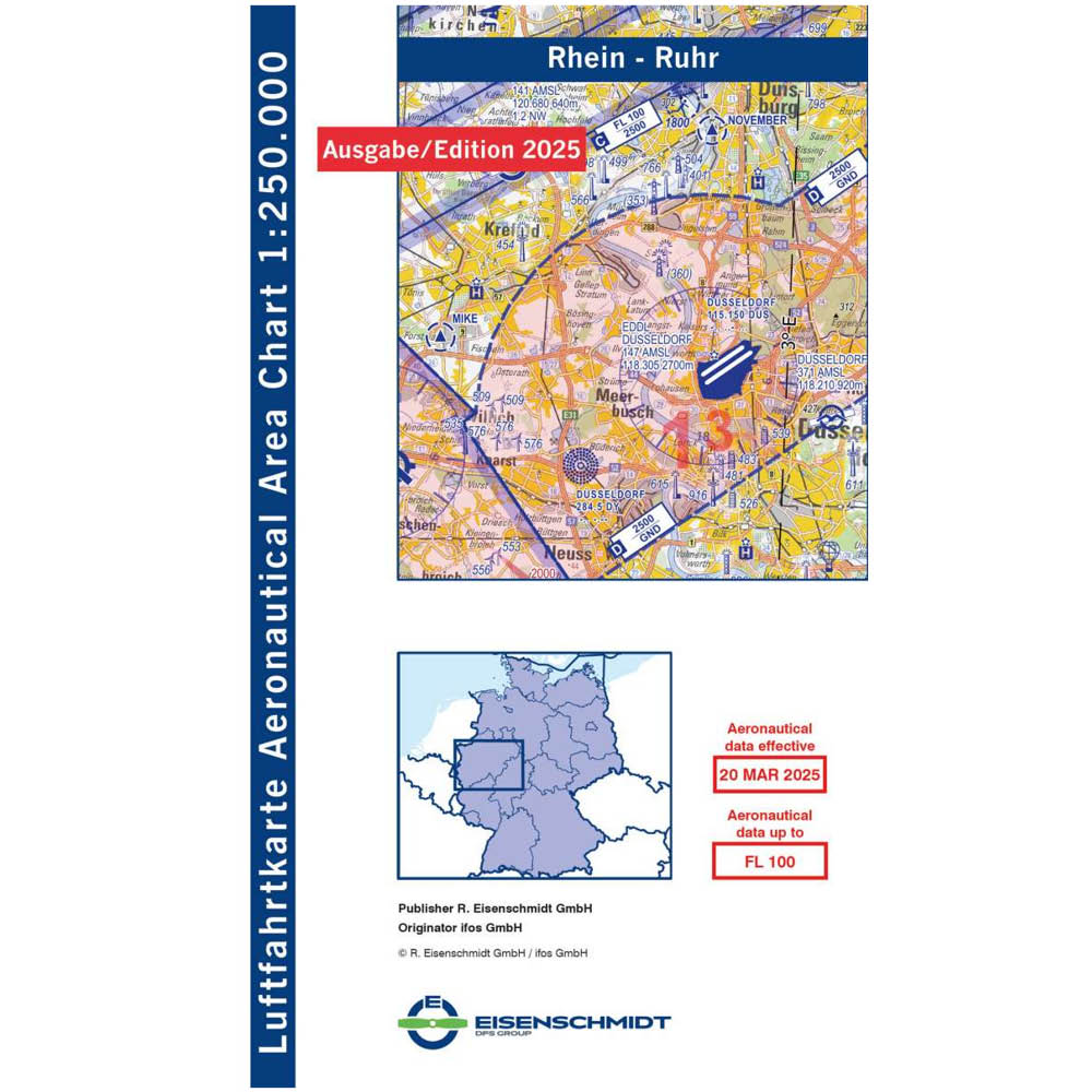 Rhein-Ruhr ICAO Karte Motorflug 2025 ohne Folie - 1:250.000