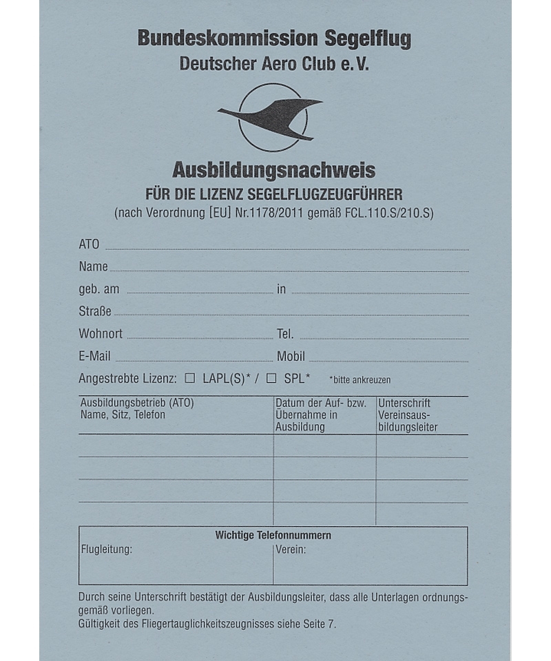 Training Certificate - for glider license (German)