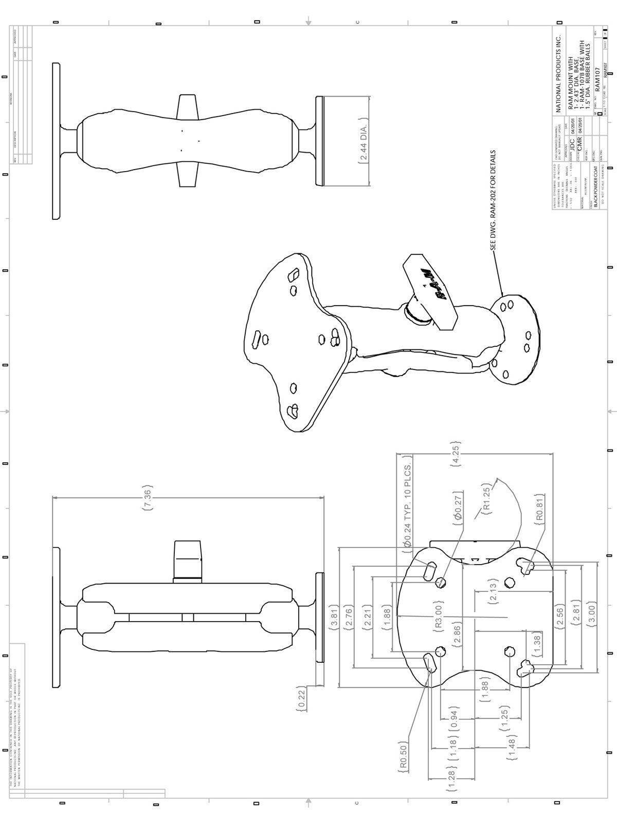 RAM Mounts Aufbau-Set für Humminbird / Apelco 97 - runde Basisplatte (AMPS), mittlerer Verbindungsarm, Adapterplatte, C-Kugel (1,5 Zoll), im Polybeute