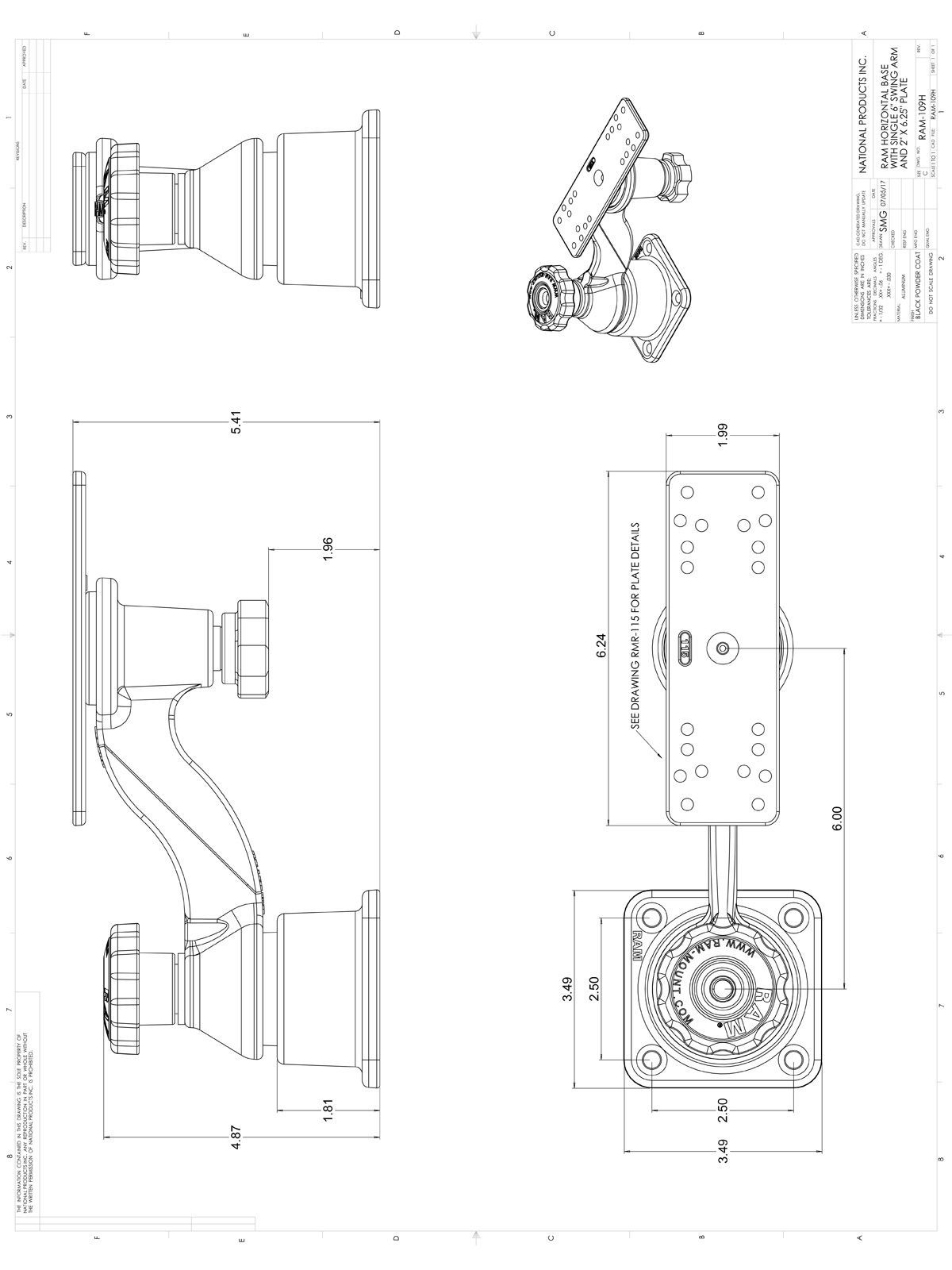 RAM Mounts Schwenkarm mit Universalplatte für Marine-GPS - Horizontal-Basis, Universal-Platte (50,8 x 158,9 mm), Armlänge ca. 150 mm, im Polybeutel