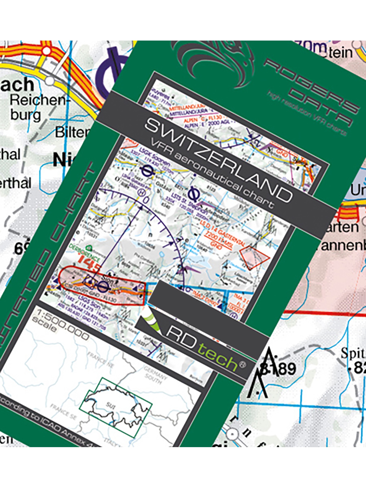Schweiz - Rogers Data VFR Karte, 1:500.000, laminiert, gefaltet, 2024 Schweiz - Rogers Data VFR Karte, 1:500.000, laminiert, gefaltet, 2024