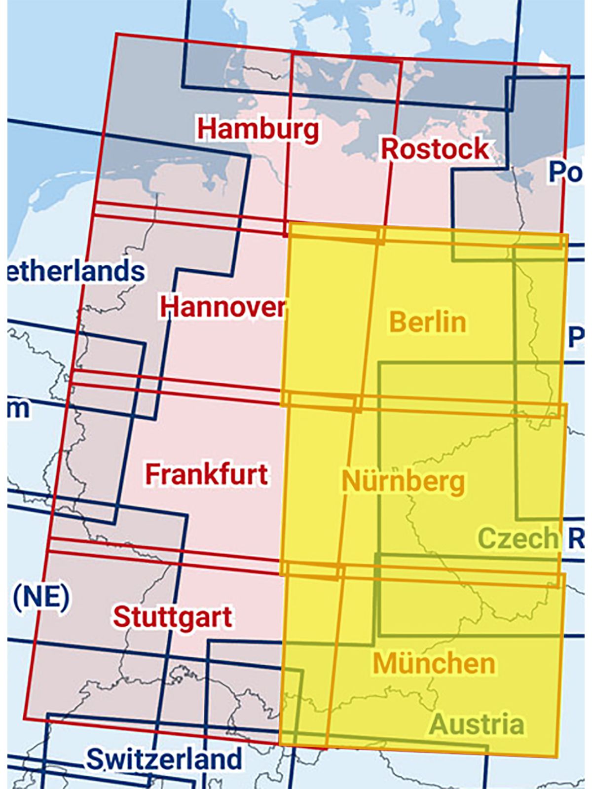 Berlin / Nürnberg / München - Zusammengesetzte ICAO Karte mit Folie, 2024