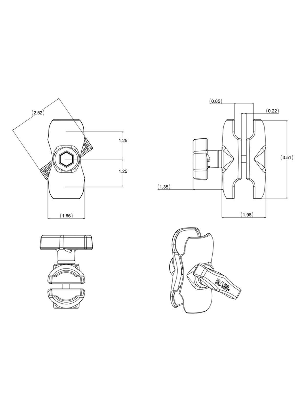 RAM MOUNTS Double Arm Socket for two 1.5" Balls (C) - length 90 mm