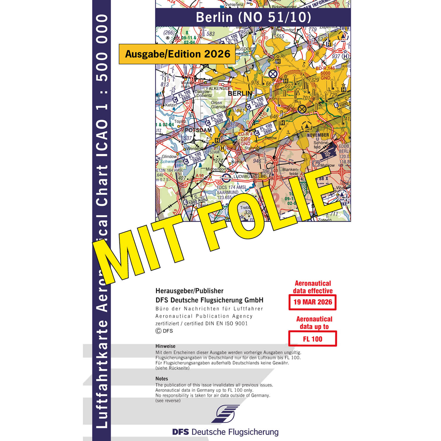 ICAO Motorflugkarte Deutschland, Berlin, 2026, gefaltet, mit Folie