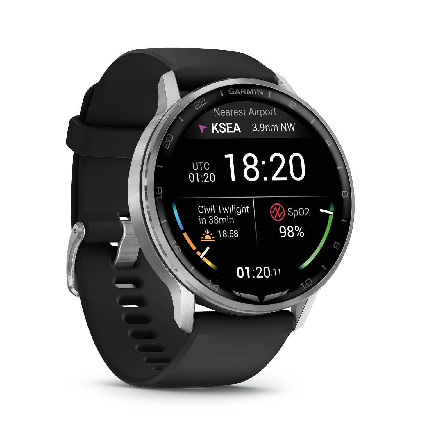 Garmin D2 Air X15 Aviator Smartwatch mit schwarzem Armband und silberfarbenem Gehäuse
