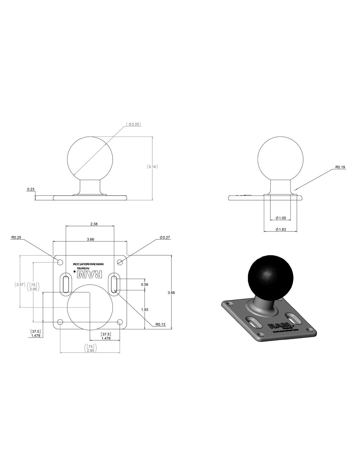 RAM Mounts VESA-Platte (3,625 x 3,625  Zoll) - D-Kugel (2,25 Zoll), 75 x 75 mm VESA-Lochraster