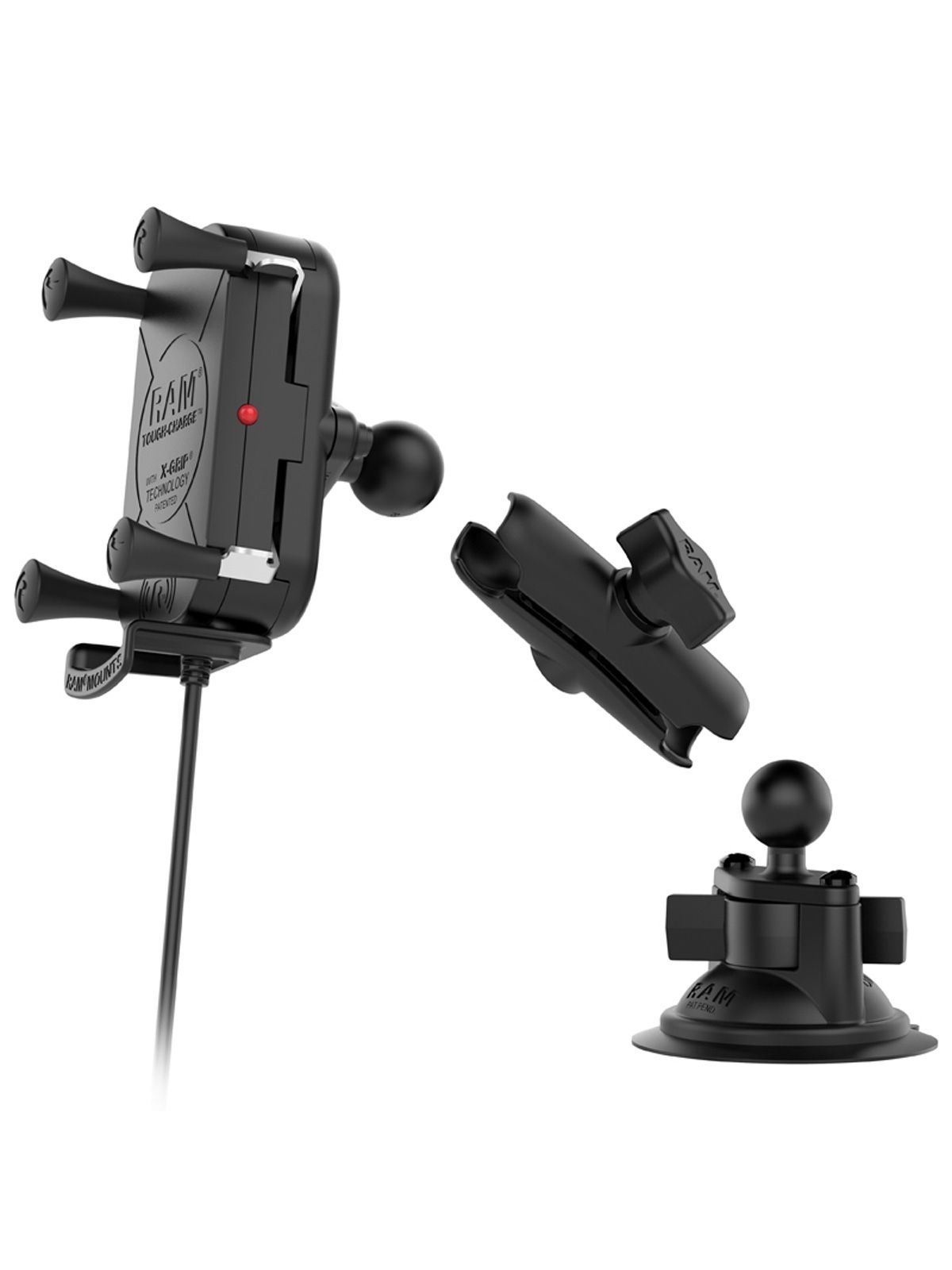 RAM Mounts Tough-Charge X-Grip Saugfuss-Halterung für Smartphones mit Ladefunktion - B-Kugel (1 Zoll), QI kompatibel, spritzwassergeschützt, USB-A