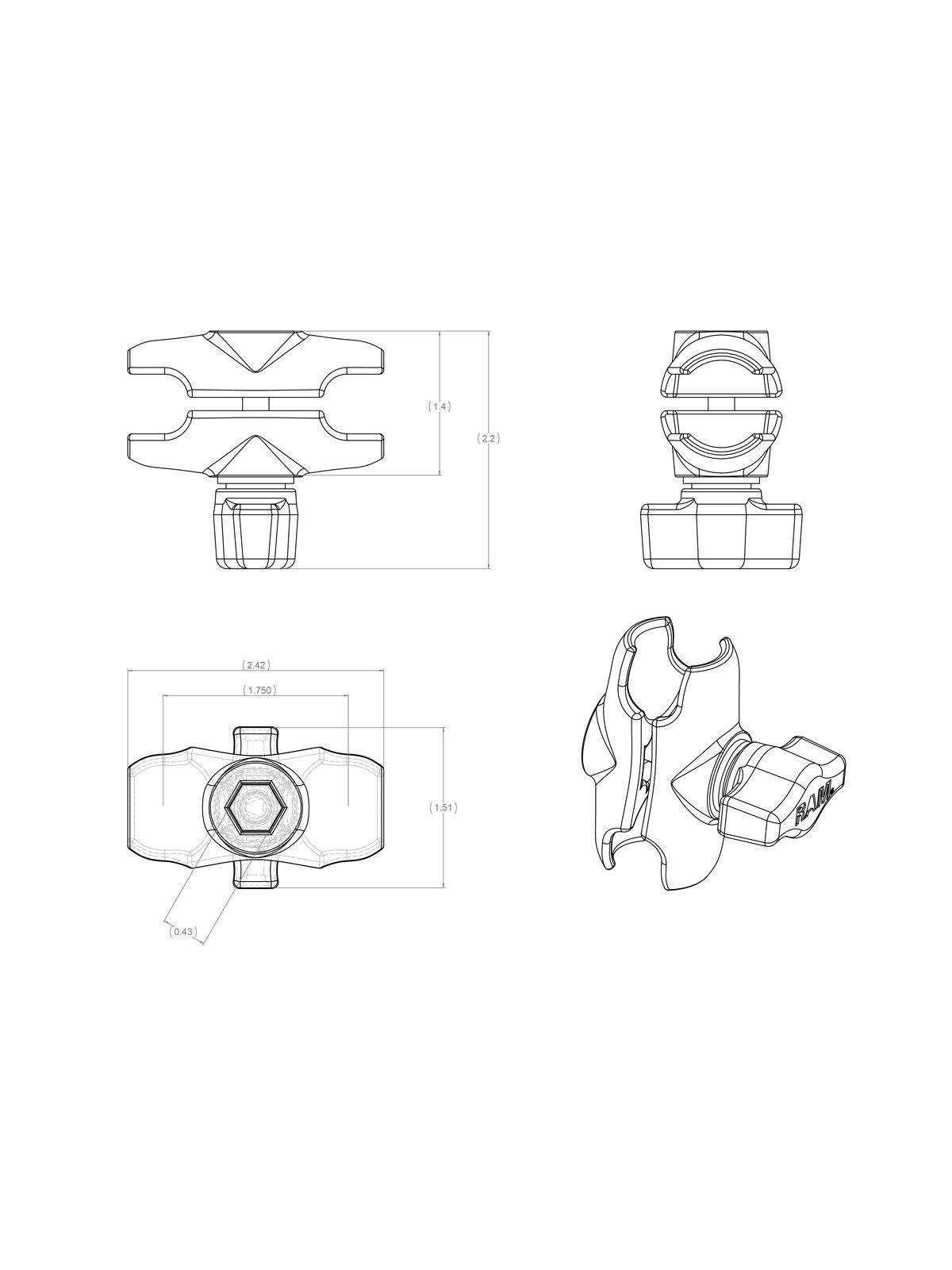 RAM MOUNTS Double Socket Arm for 1" B-Balls - short