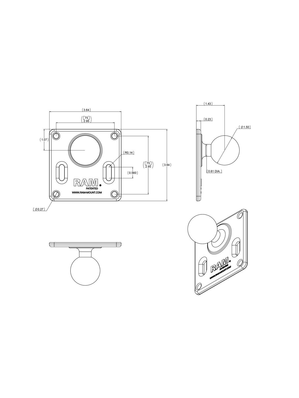 RAM MOUNT Set C Ball (1.5") with 2 VESA Square Bases and Connecting Arm (5.5") - RAM-246-2461U