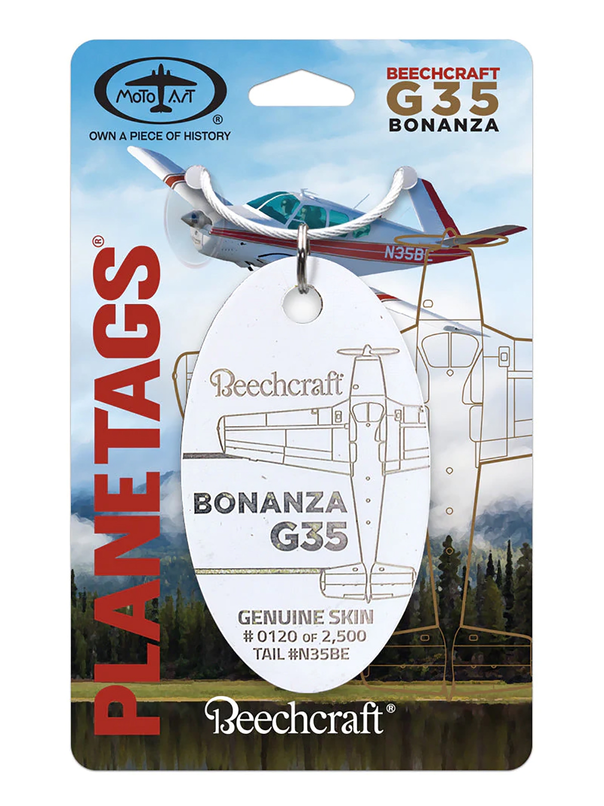 PlaneTags Key Fob - Beechcraft Bonanza G35 (N35BE), weiß