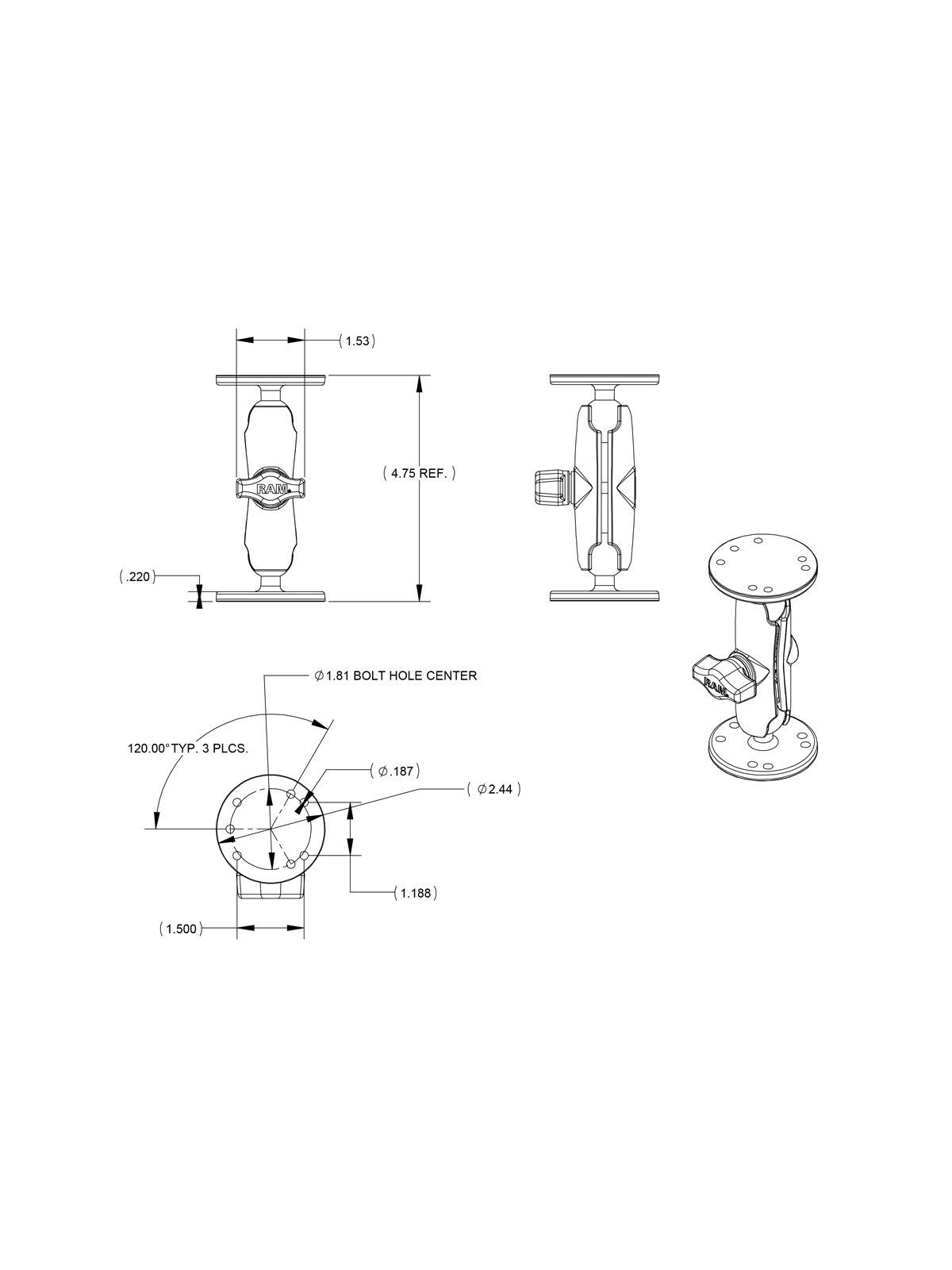 RAM MOUNTS Set - 2 round Base Plates (AMPS) / Connector (90 mm), 1" Ball (B)