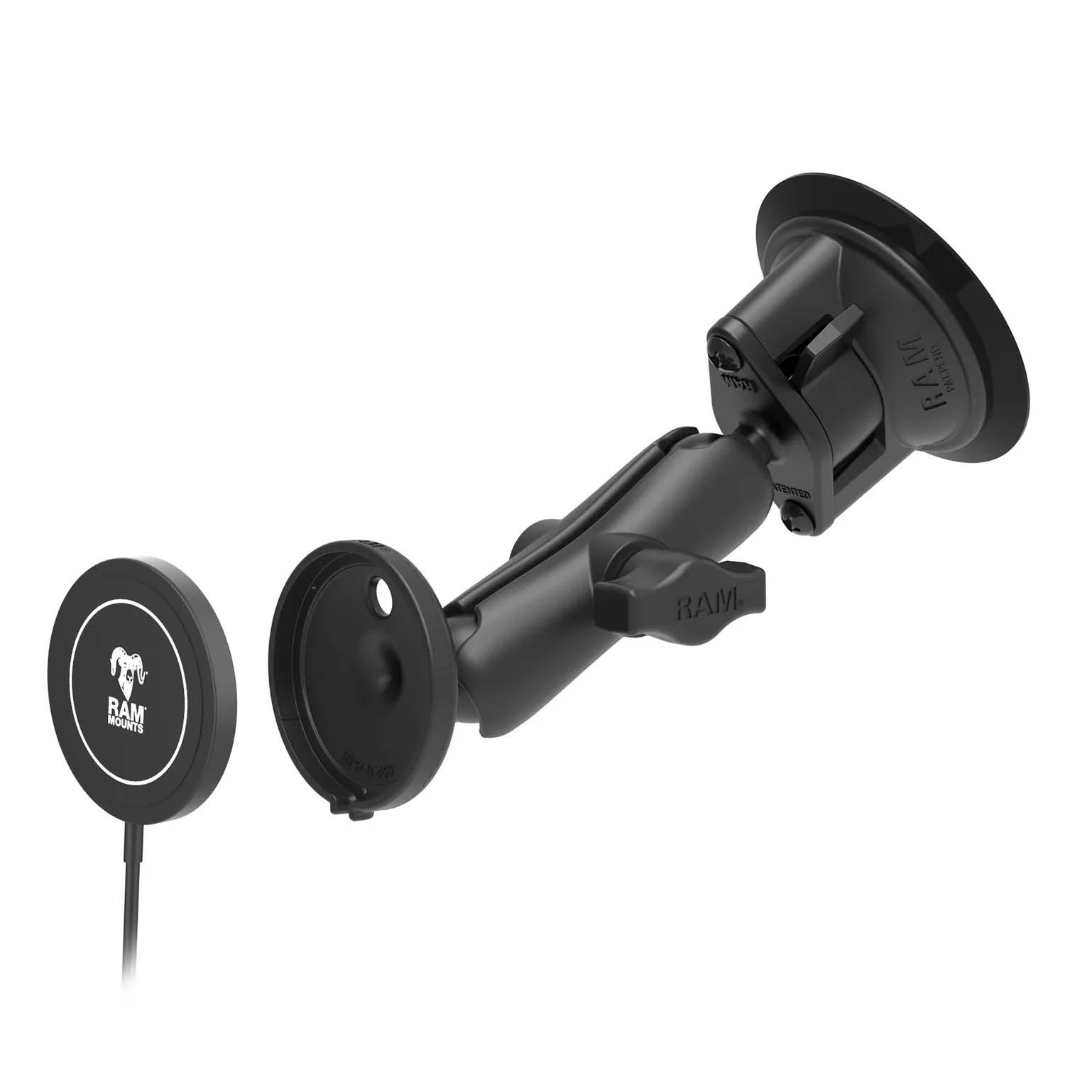 RAM Mounts Saugfuss-Halterung inkl. Qi2 Wireless Charger Power Delivery - B-Kugel (1 Zoll), MagSafe kompatibel, USB-C & -A Anschluss