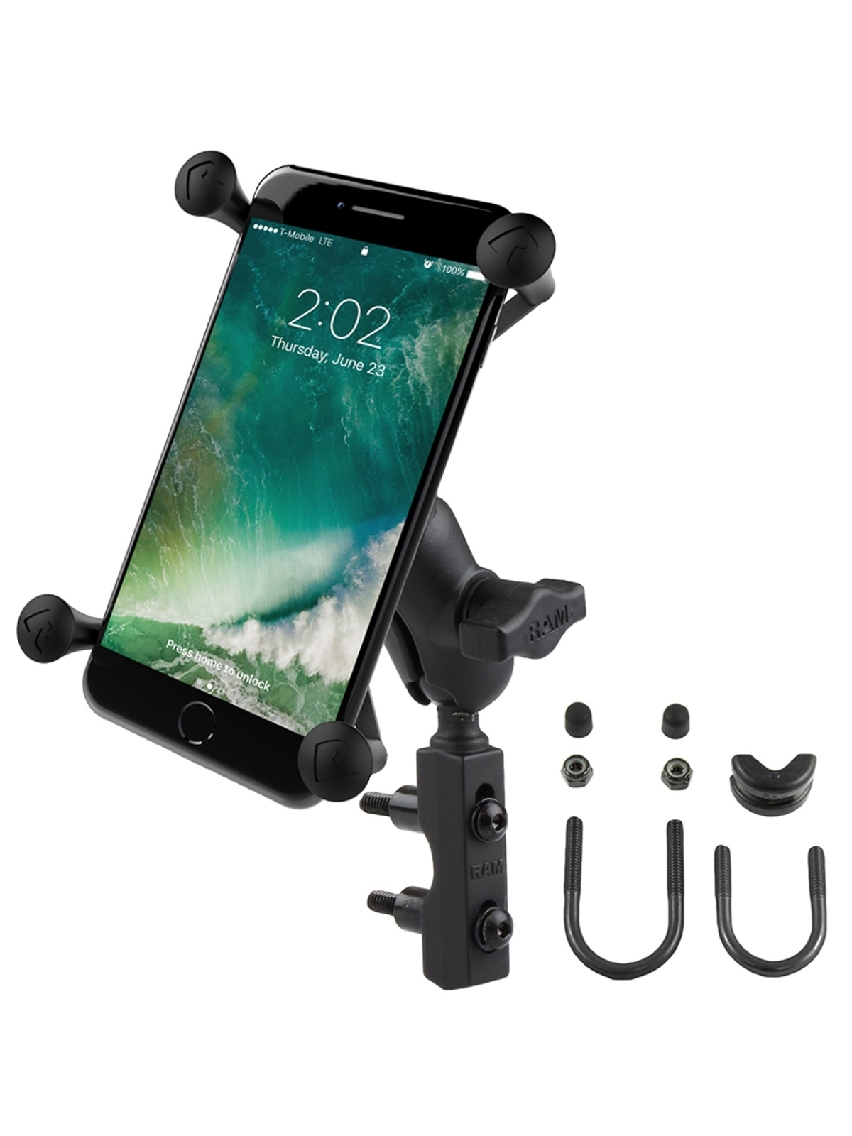 RAM Mounts Motorradhalterung mit X-Grip Universal Halteklammer für große Smartphones (Phablets) - Basisbefestigung (Lenker/Bremse/Kupplung), kurzer Ve