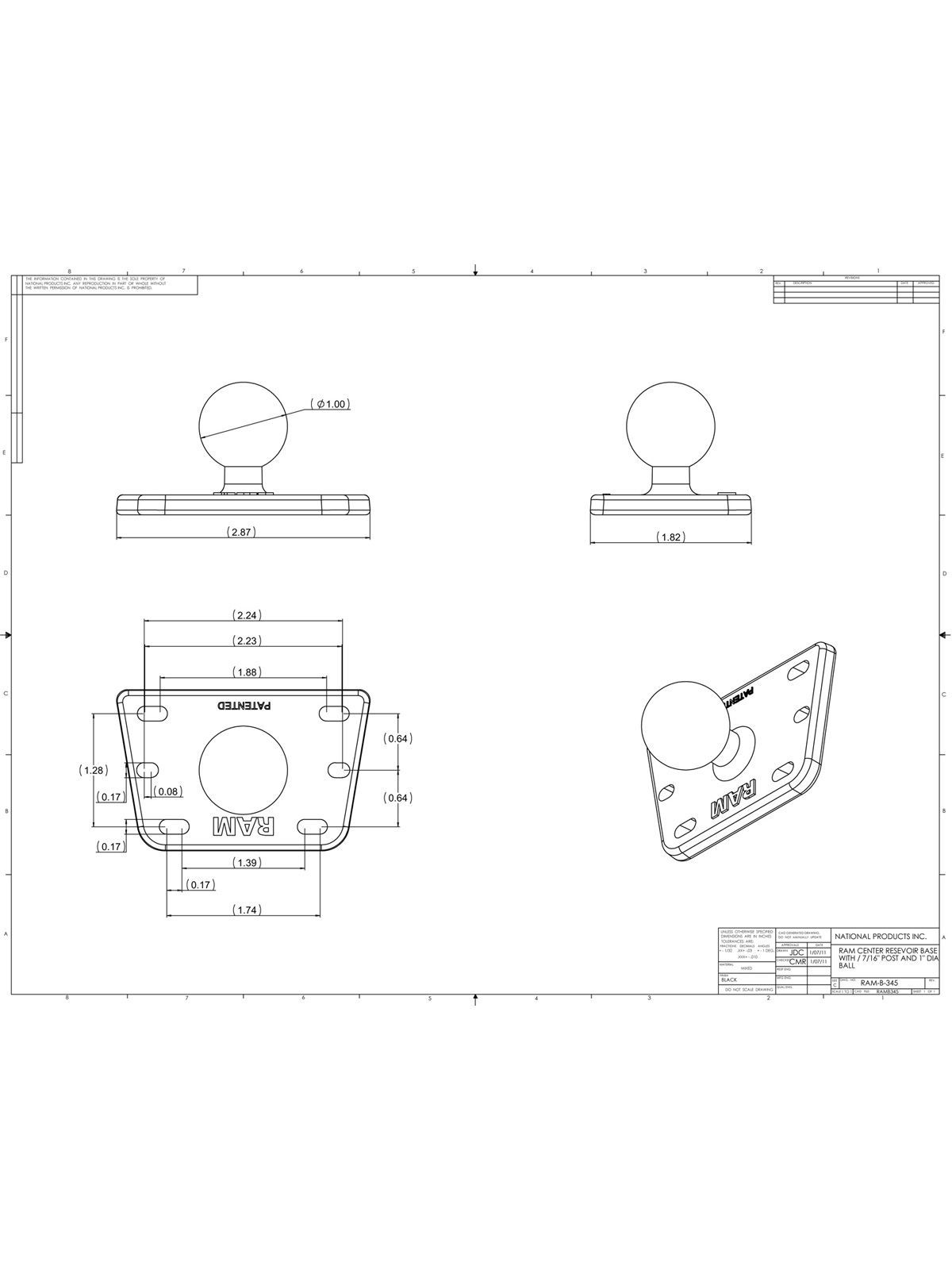 RAM Mounts Motorrad-Basisbefestigung Brems-/Kupplungsbehälter - B-Kugel (1-Zoll, zentriert), Schrauben-Set