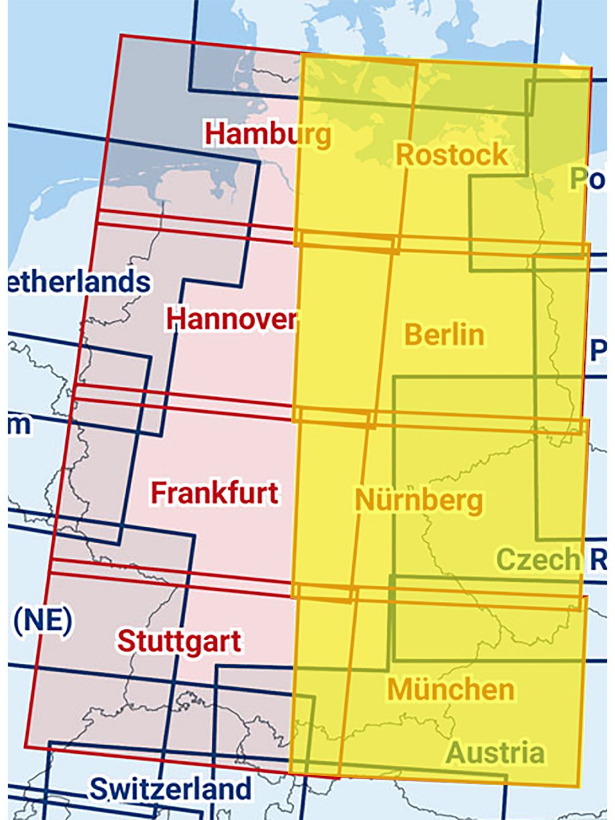 Rostock / Berlin / Nürnberg / München - Zusammengesetzte ICAO Karte mit Folie, 2024