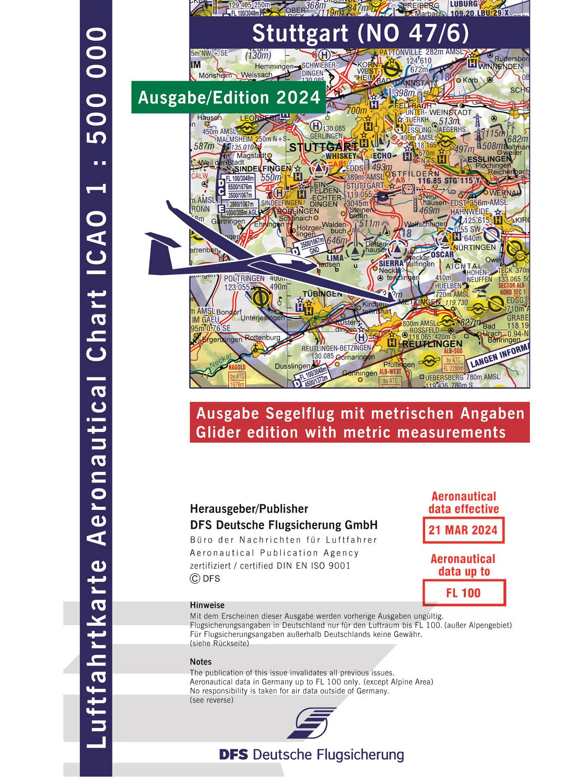 ICAO Segelflugkarte Deutschland ohne Folie, Stuttgart, 2024, gefaltet