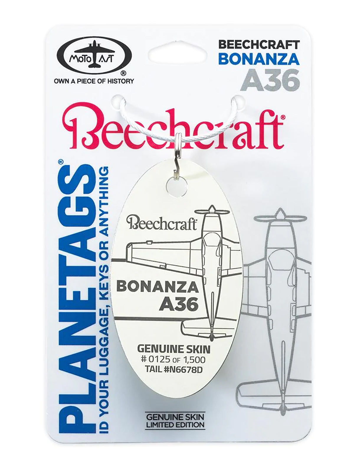 PlaneTags Key Fob - Beechcraft Bonanza A36 (N6678D), white