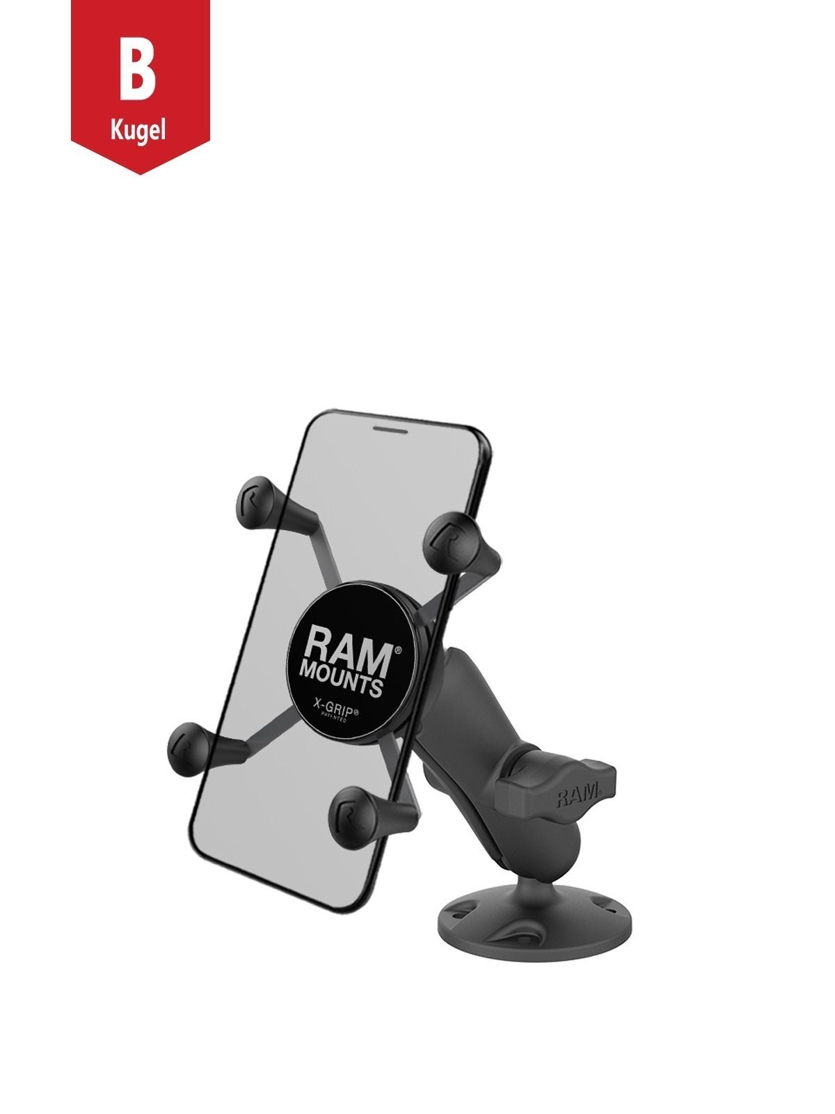 RAM Mounts X-Grip Assembly Mount for Smartphones (Composite) - Up to 82.55 mm Width - Medium Arm - Round Base Plate (AMPS) - B-Size (1“) - Screw Set