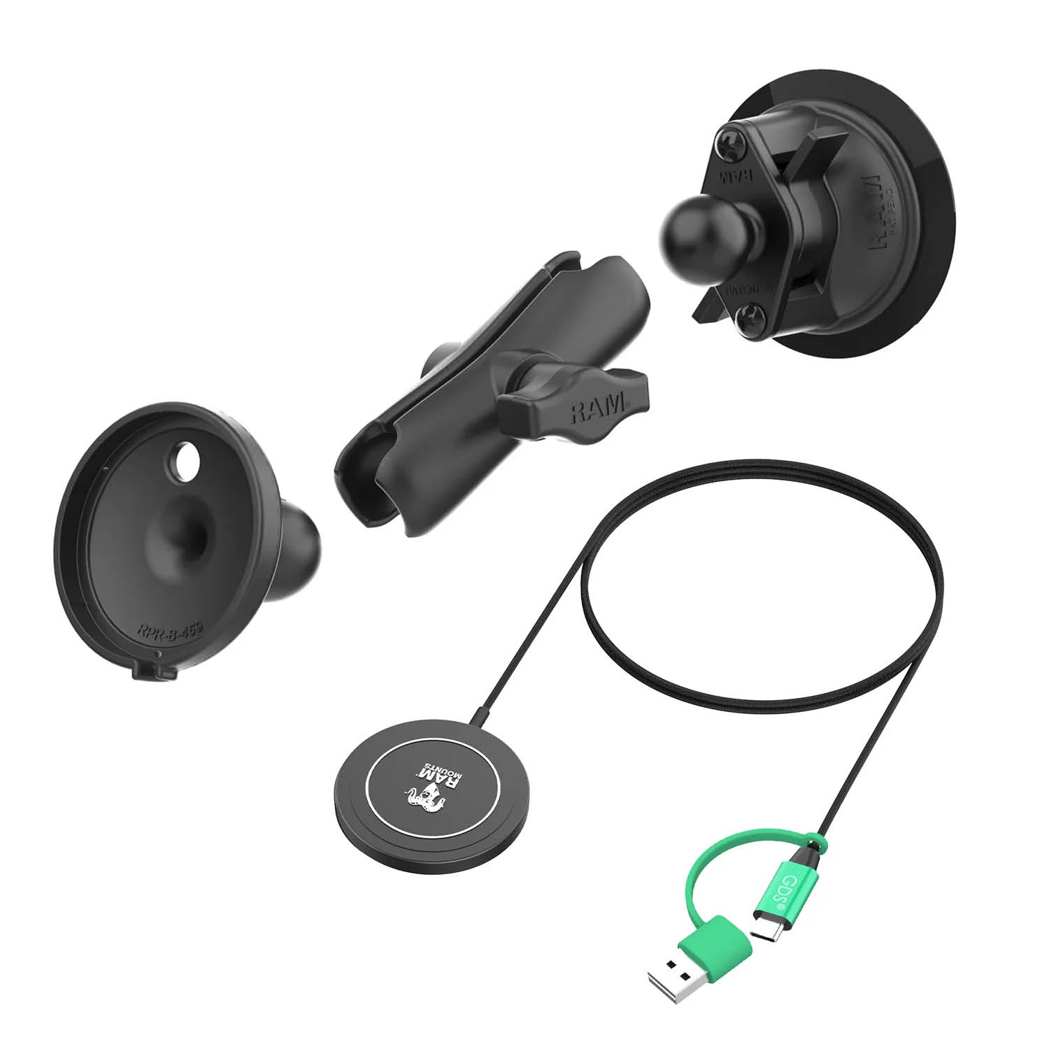 RAM Mounts Saugfuss-Halterung inkl. Qi2 Wireless Charger Power Delivery - B-Kugel (1 Zoll), MagSafe kompatibel, USB-C & -A Anschluss