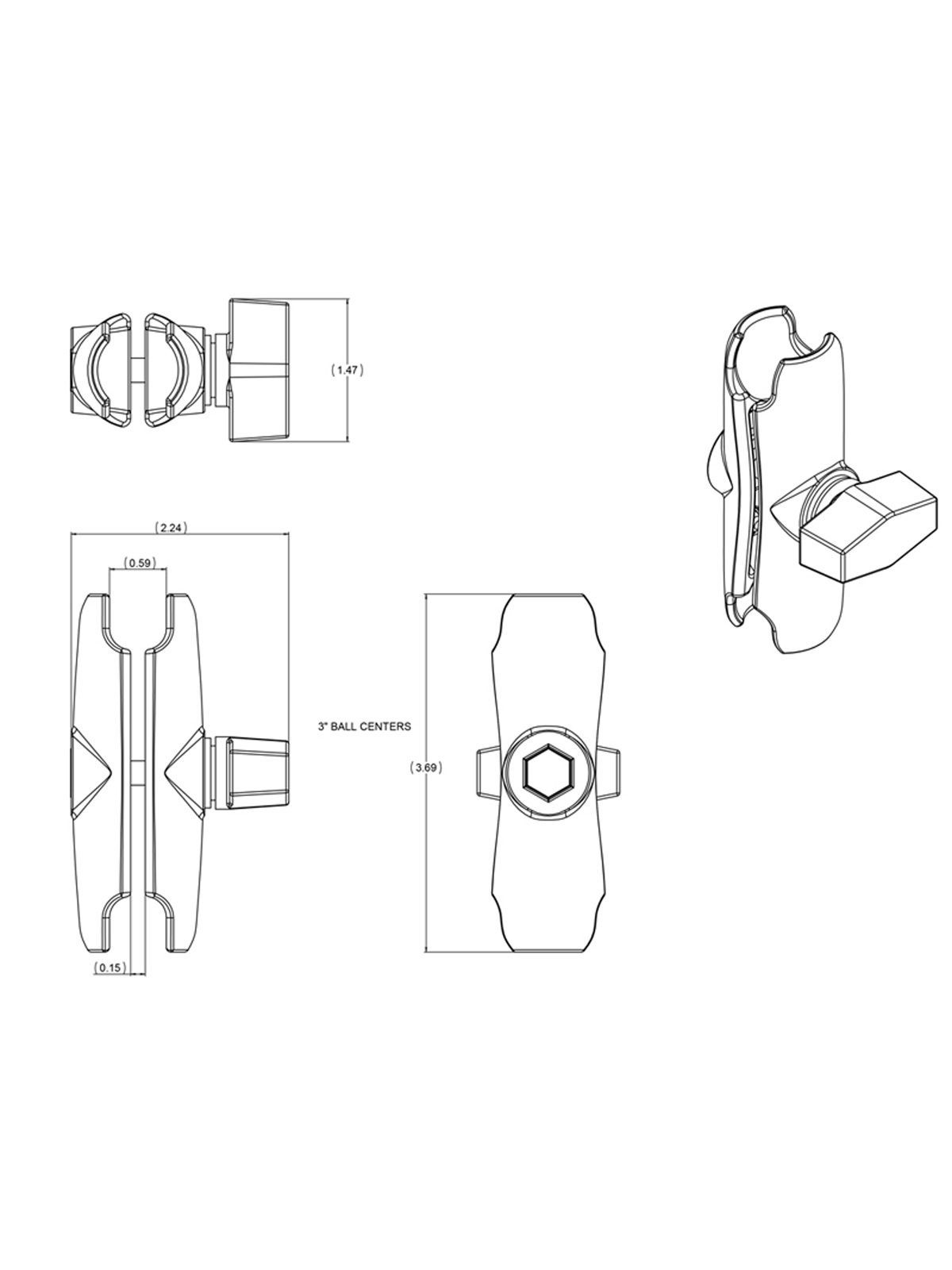 RAM MOUNTS Double Socket Arm for 1" B-Balls - medium, 3.69" long