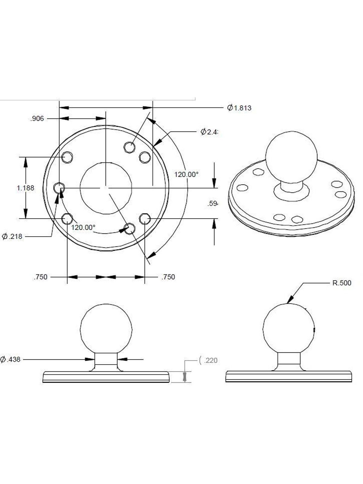 RAM Mounts Aufbau-Set - B-Kugel (1 Zoll), 2x runde Basisplatte (AMPS), mittlerer Verbindungsarm
