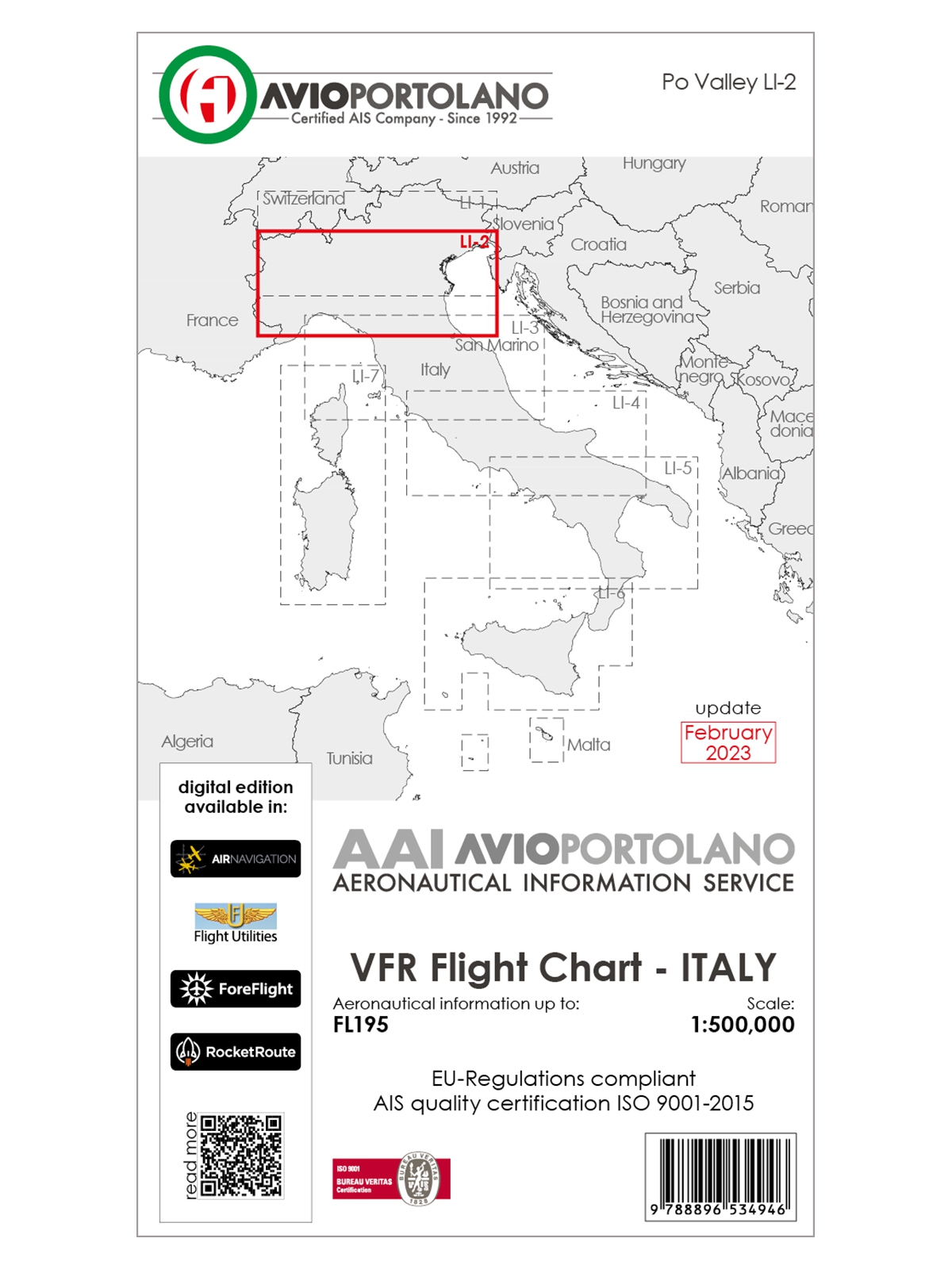 Italien LI-2 - AvioPortolano VFR-Karte, Papier mit Folie, gefaltet, 2024