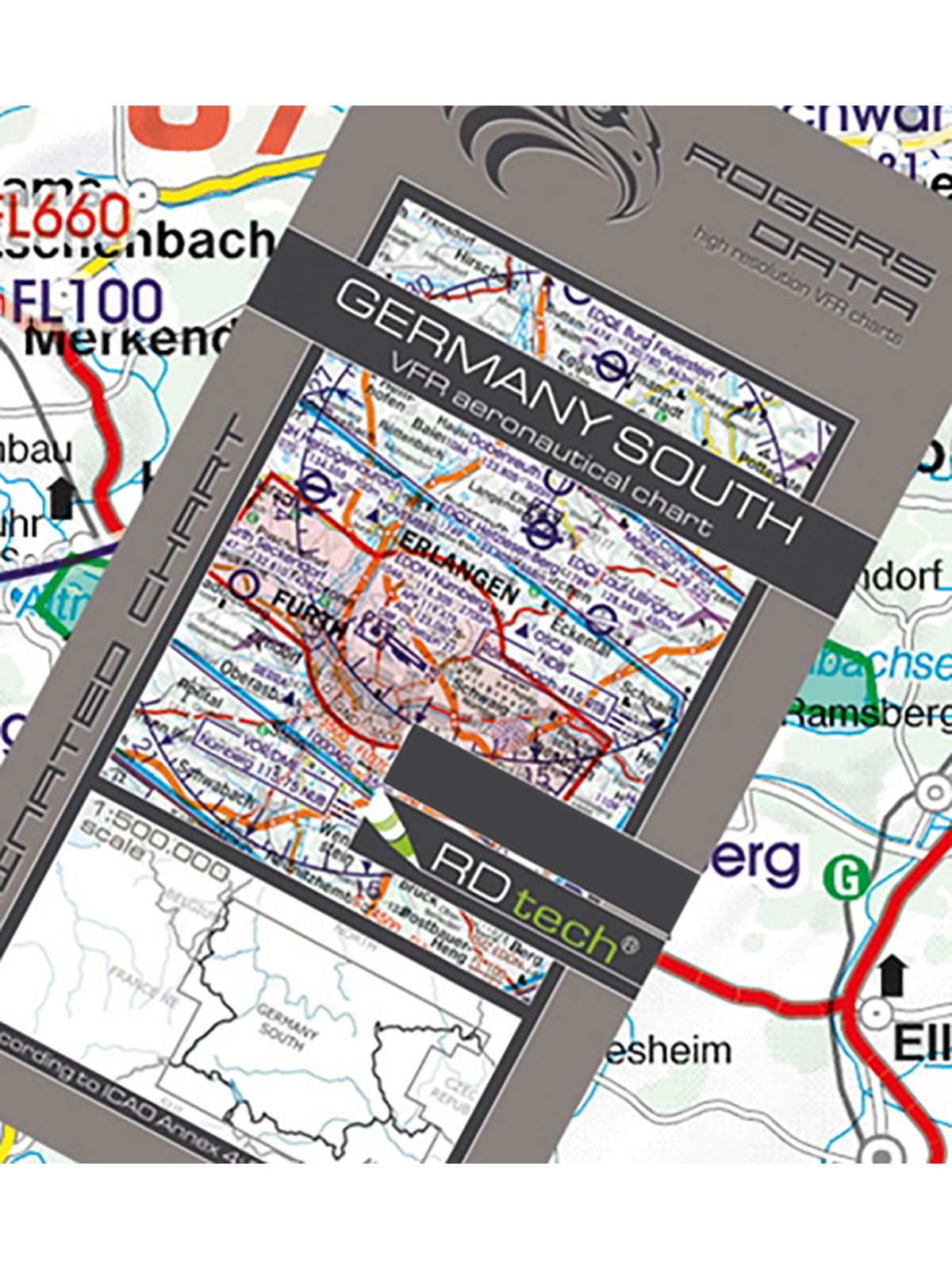 Germany South - Rogers Data VFR Chart, 1:500,000, laminated, folded, 2024 Germany South - Rogers Data VFR Chart, 1:500,000, laminated, folded, 2024
