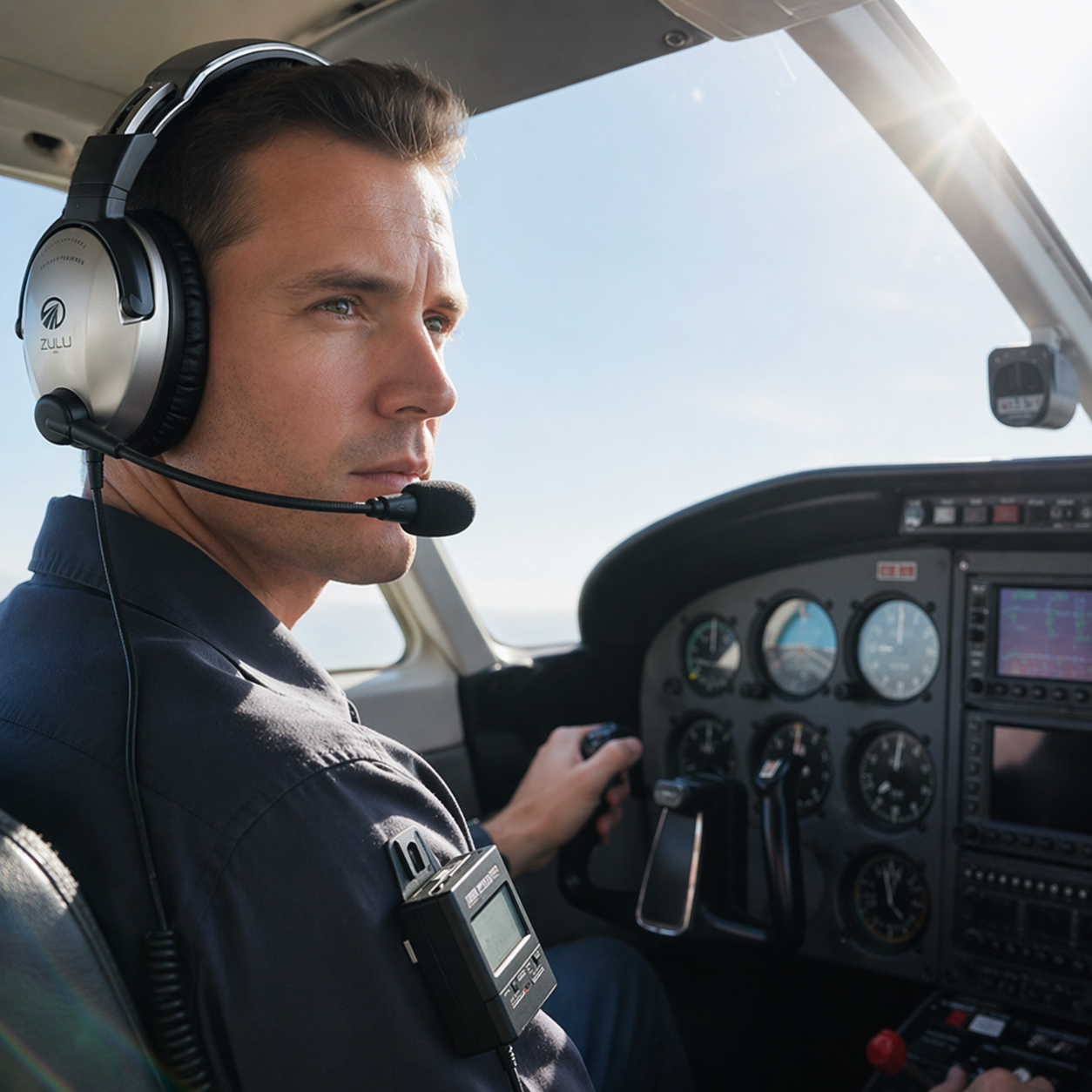 Ein Pilot sitzt mit seinem Lightspeed Sierra Headset vs. Zulu 3 in einem Cockpit