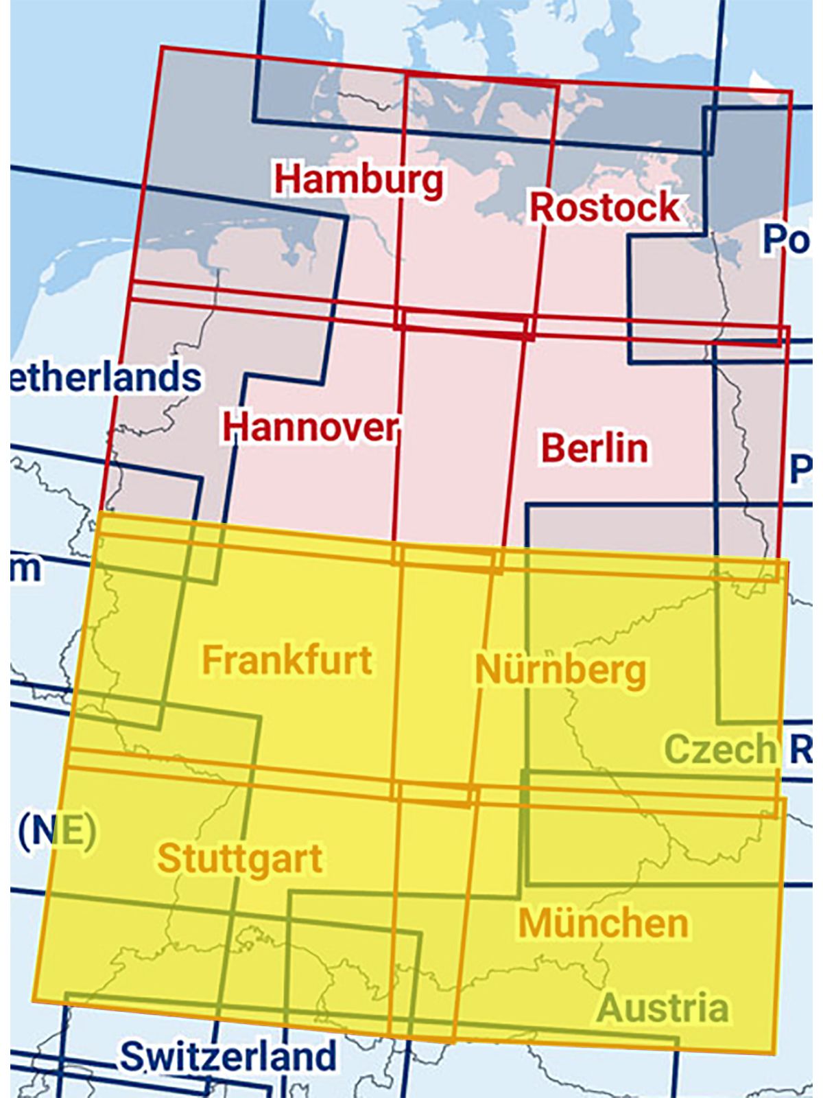 Frankfurt / Stuttgart / Nürnberg / München - Zusammengesetzte ICAO Karte mit Folie