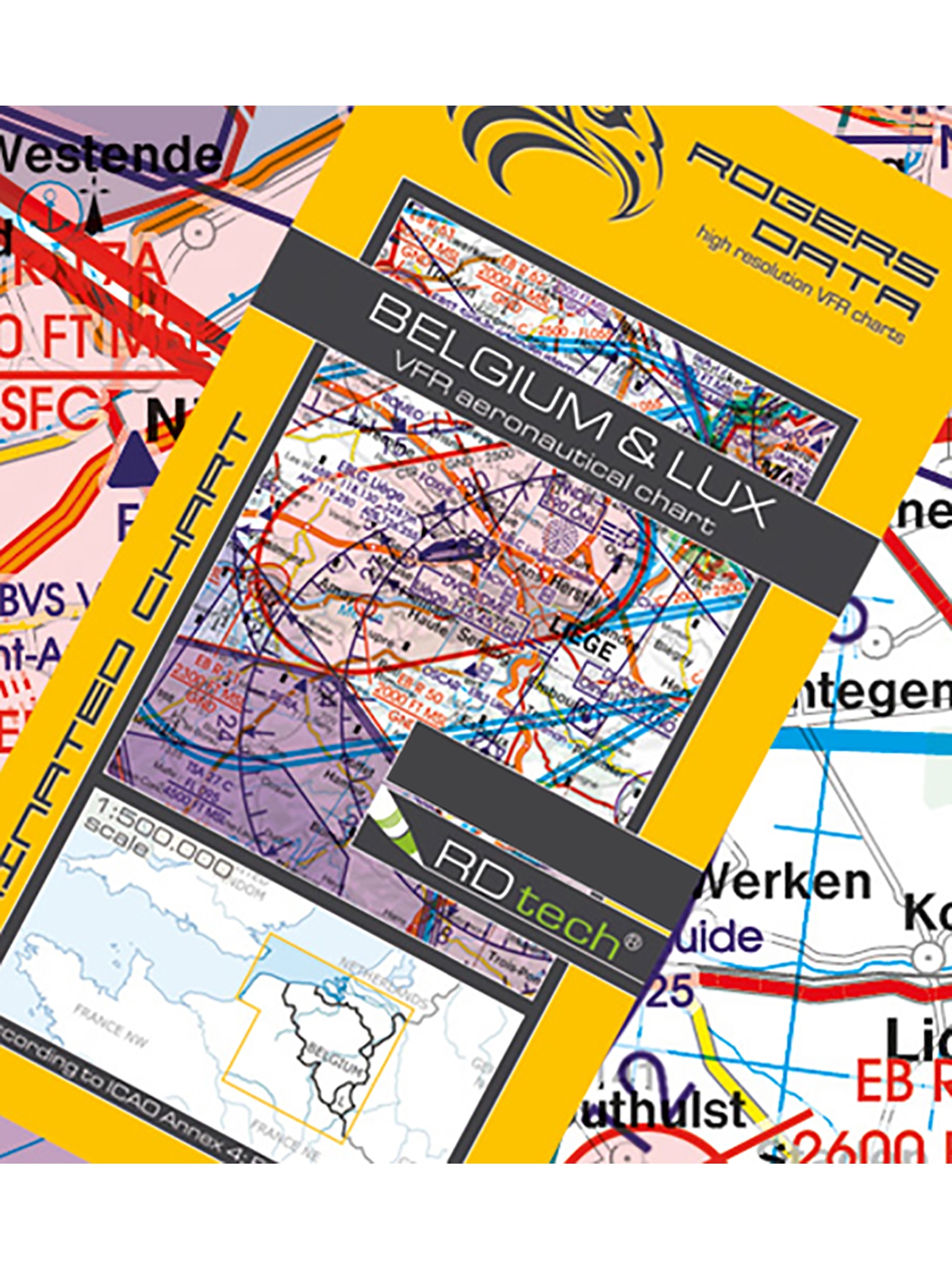 Belgien & Luxemburg - Rogers Data VFR Karte, 1:500.000, laminiert, gefaltet, 2024