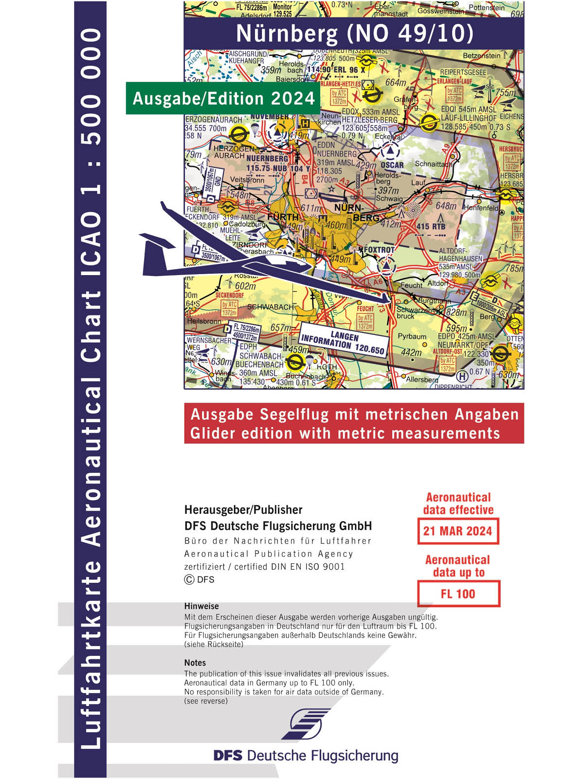ICAO Segelflugkarte Deutschland ohne Folie, Nürnberg, 2024, gefaltet