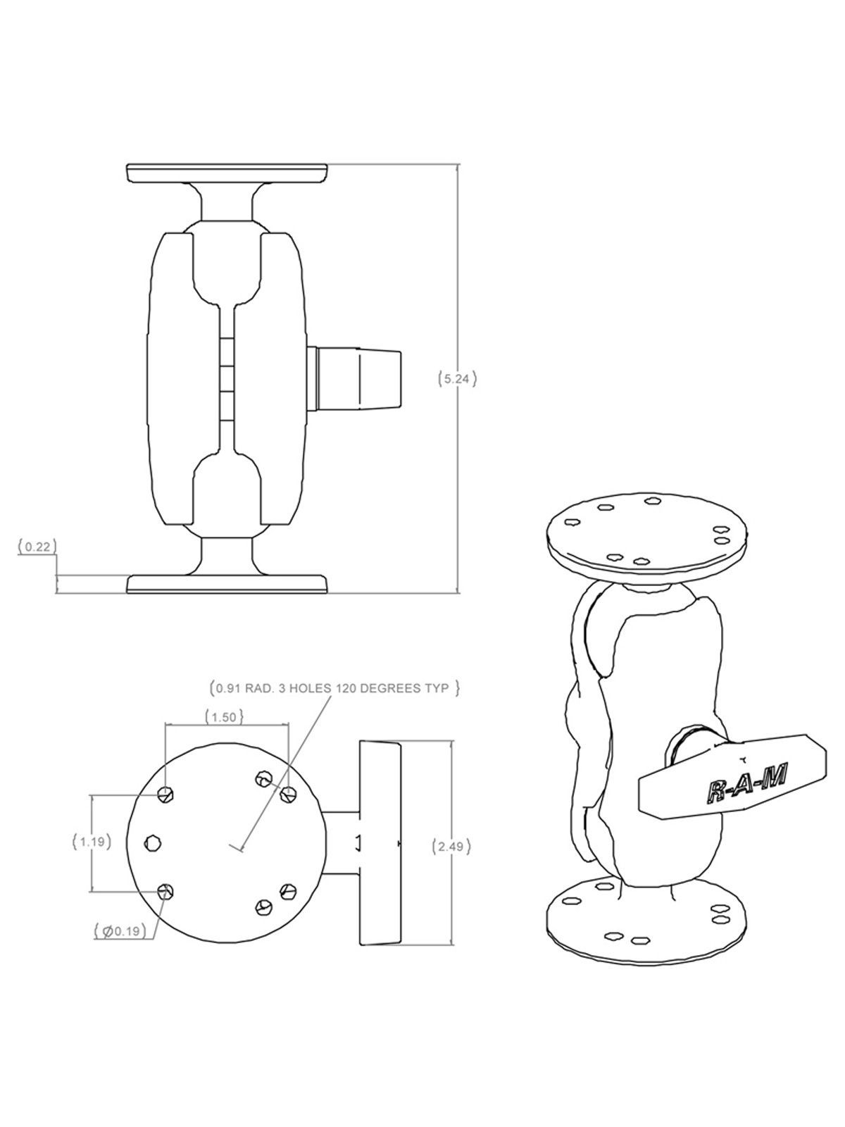 RAM MOUNTS Set - 2x round AMPs Bases, Double Socket Arm, 1.5" C-Ball