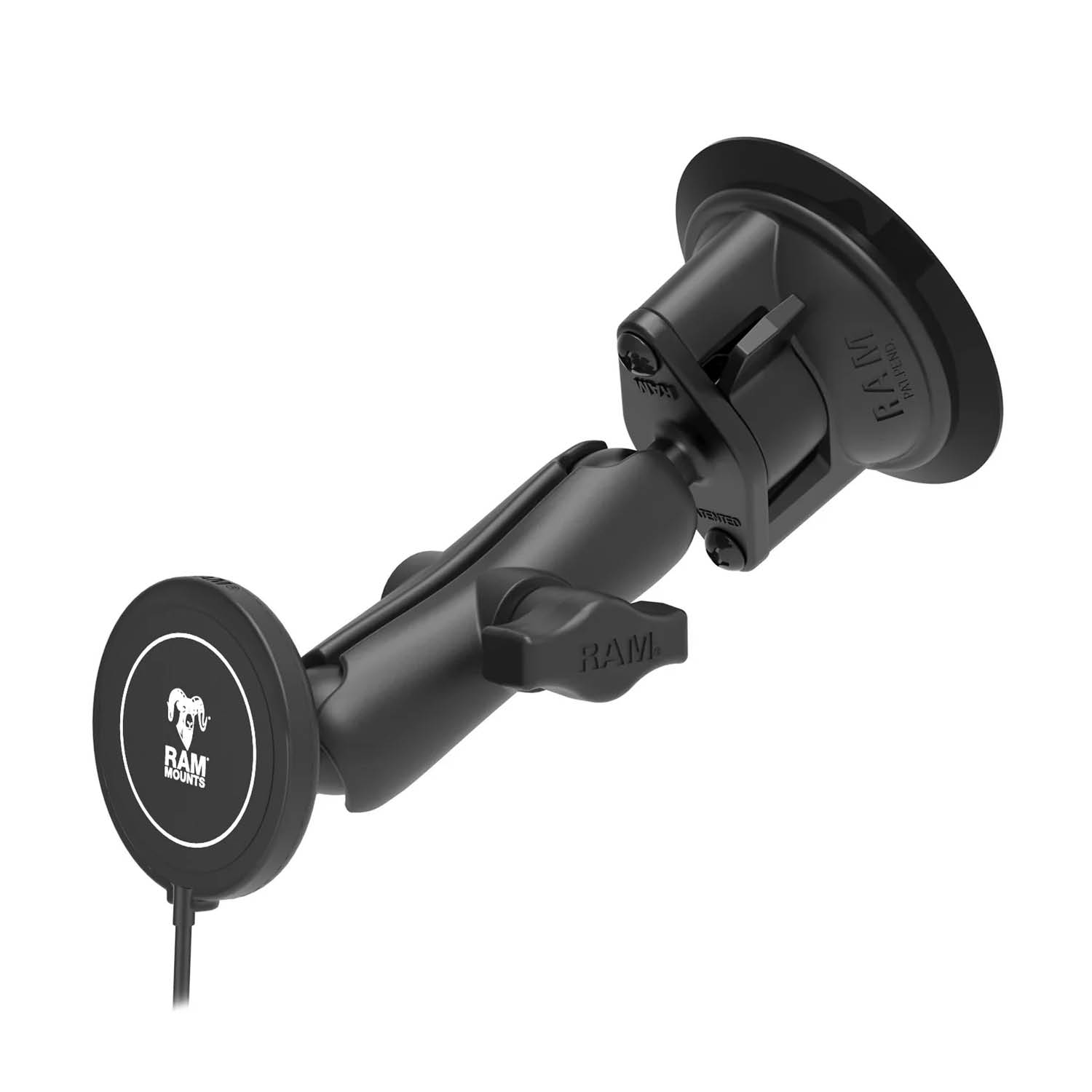 RAM Mounts Saugfuss-Halterung inkl. Qi2 Wireless Charger Power Delivery - B-Kugel (1 Zoll), MagSafe kompatibel, USB-C & -A Anschluss