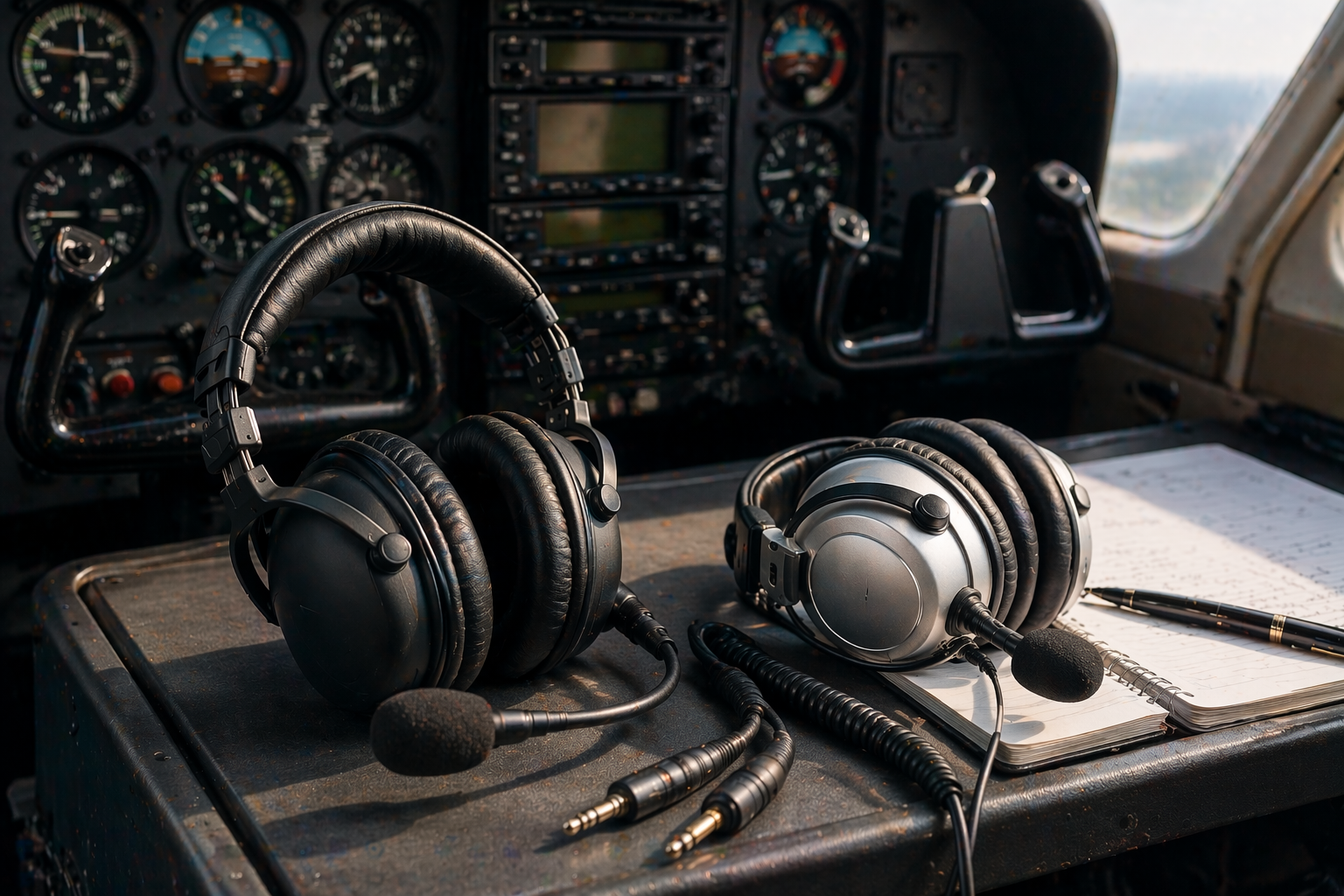 Zwei Aviation Headsets im Test liegen nebeneinander in einem Cockpit