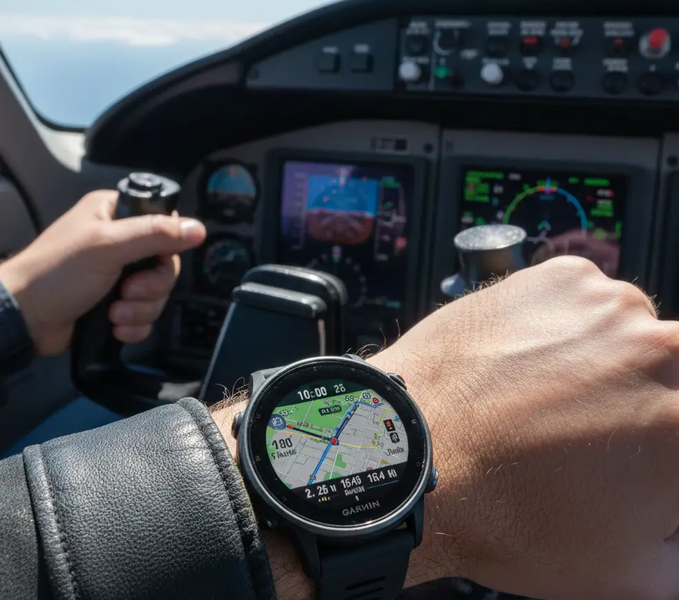 Ein Pilot sitzt in einem Cockpit mit seiner Uhr und berichtet über seine Garmin D2 Air Erfahrung