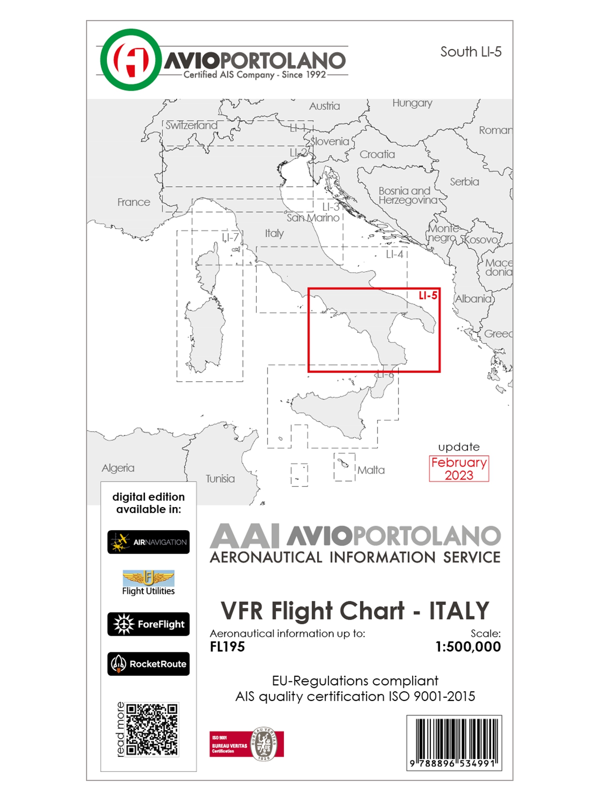 Italy LI-5 - AvioPortolano VFR Chart, Paper, laminated, folded, 2024