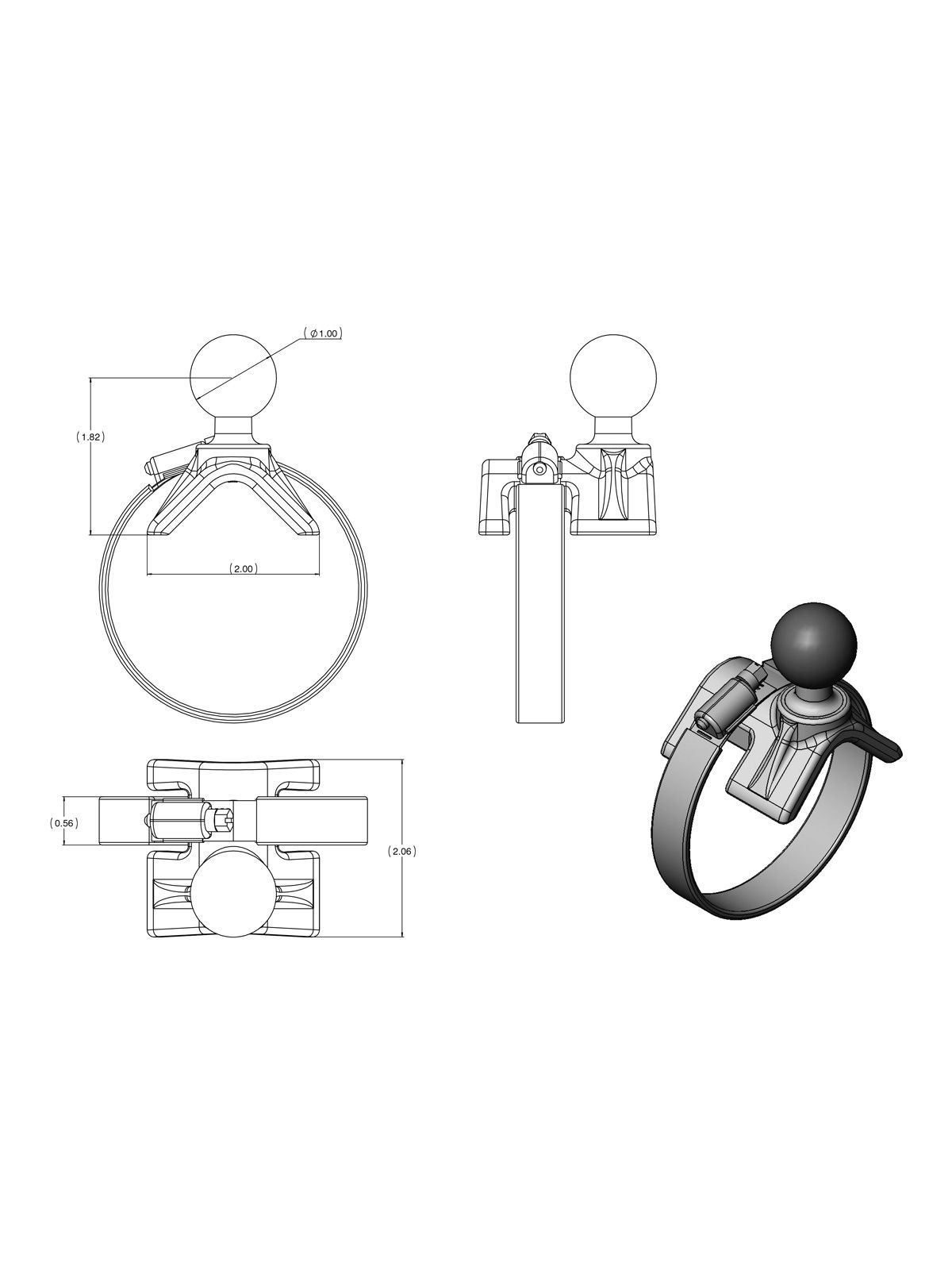 RAM MOUNTS V-Shape Base with 1" B-Ball - for Rails or Yokes