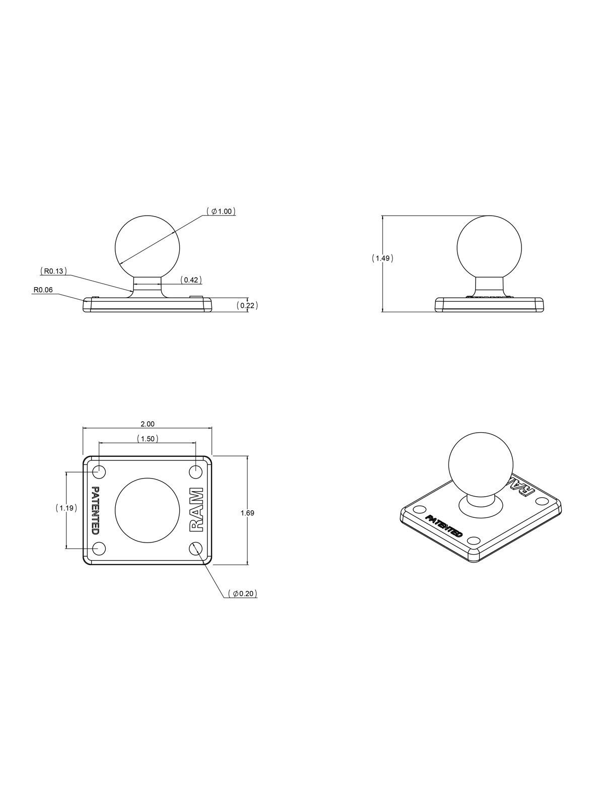 RAM MOUNTS Rectangle Base - 2" x 1.7" with 1" B-Ball