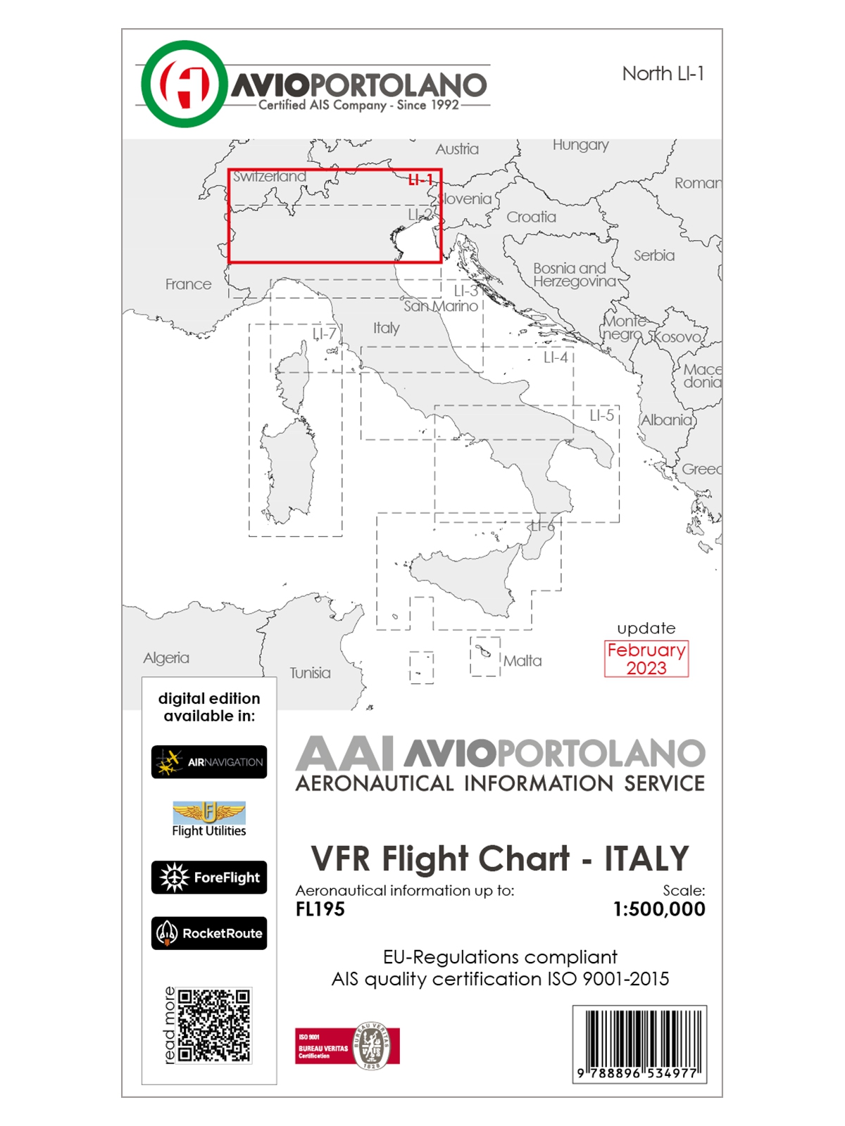 Italien LI-1 - AvioPortolano VFR-Karte, Papier mit Folie, gefaltet, 2024