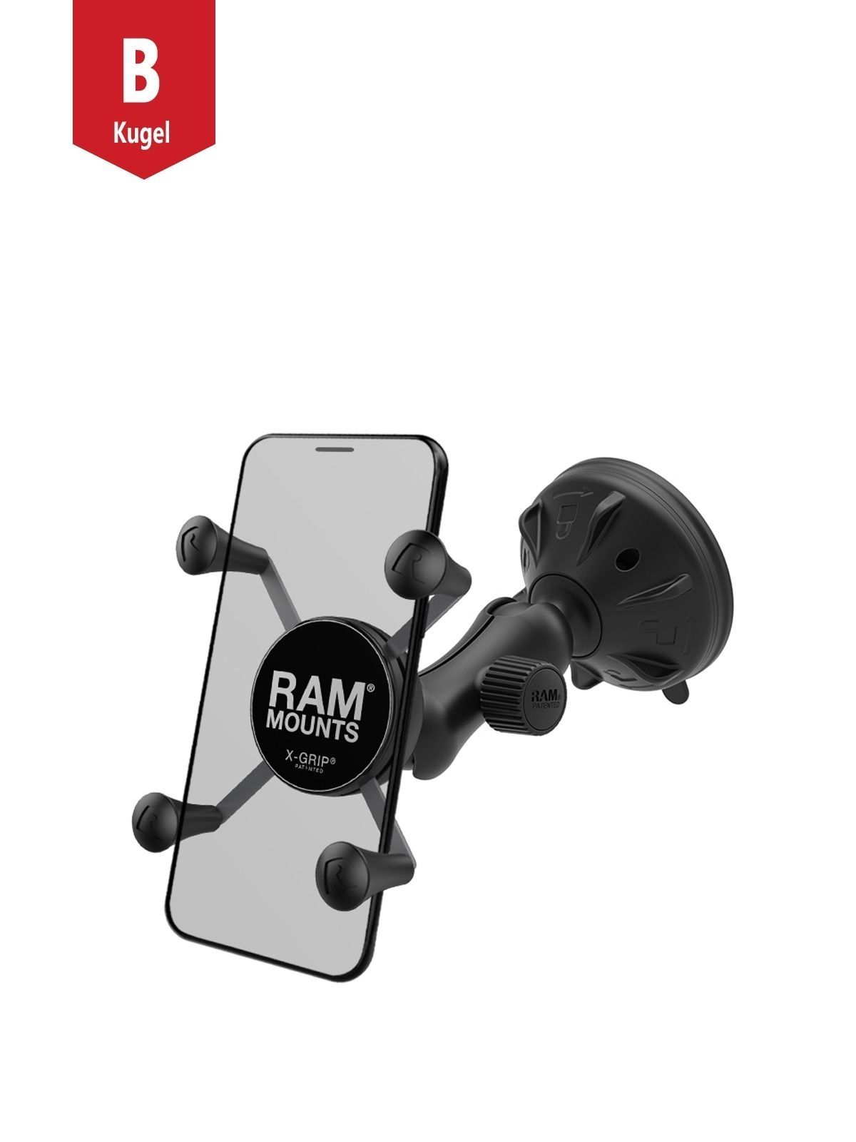 RAM Mounts Verbundstoff Saugfuss-Halterung mit X-Grip Halteklammer für Smartphones bis 82,6 mm Breite - B-Kugel (1 Zoll), kurzer Verbindungsarm (ca. 5