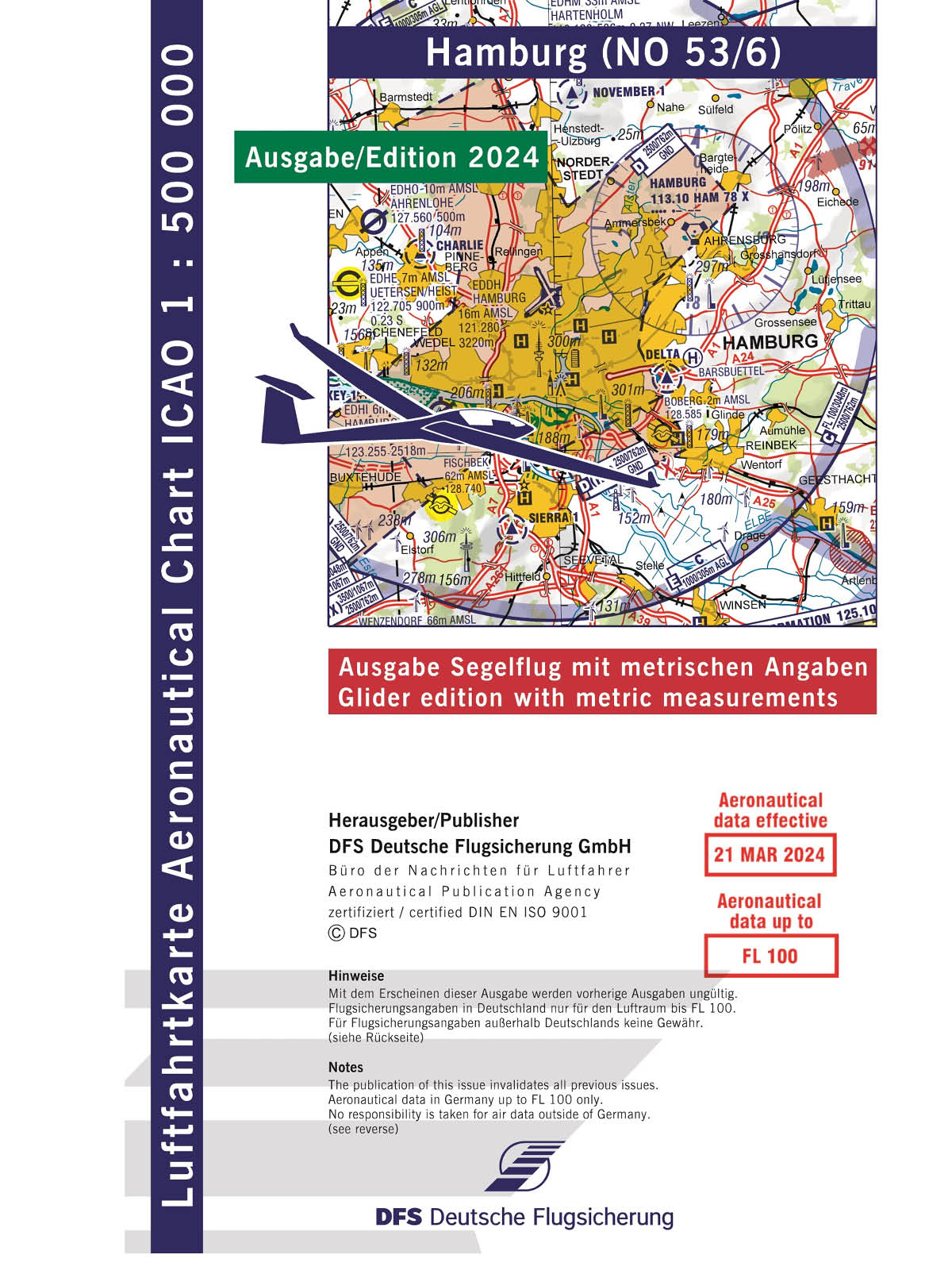 ICAO Segelflugkarte Deutschland ohne Folie, Hamburg, 2024, gefaltet