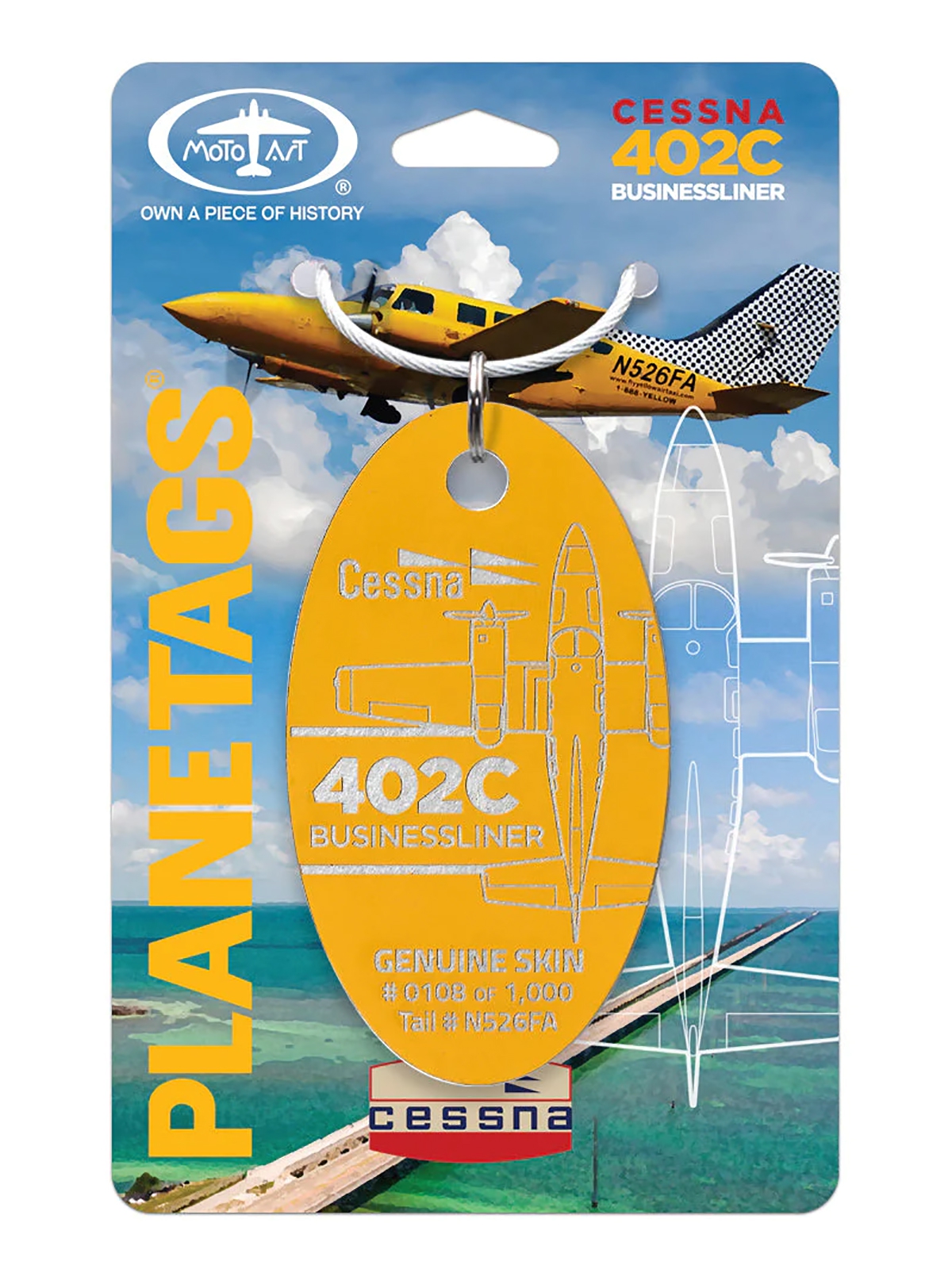 PlaneTags Key Fob - Cessna 402C (N526FA), yellow